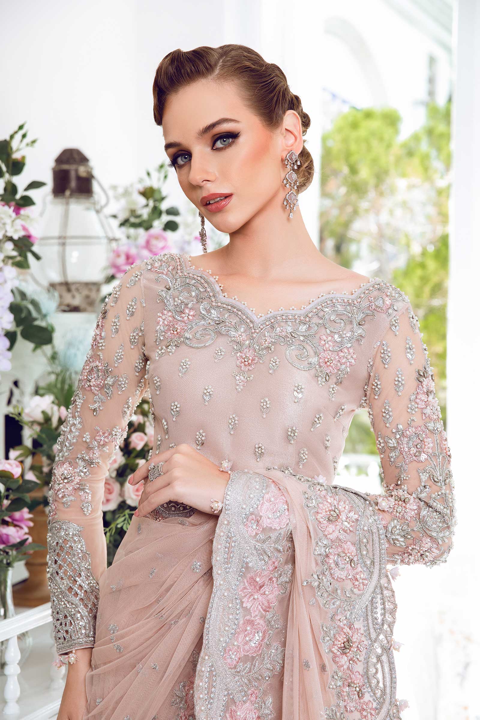 Pakistani Blush Pink Embellished Net Saree (3-Piece) - Image 3