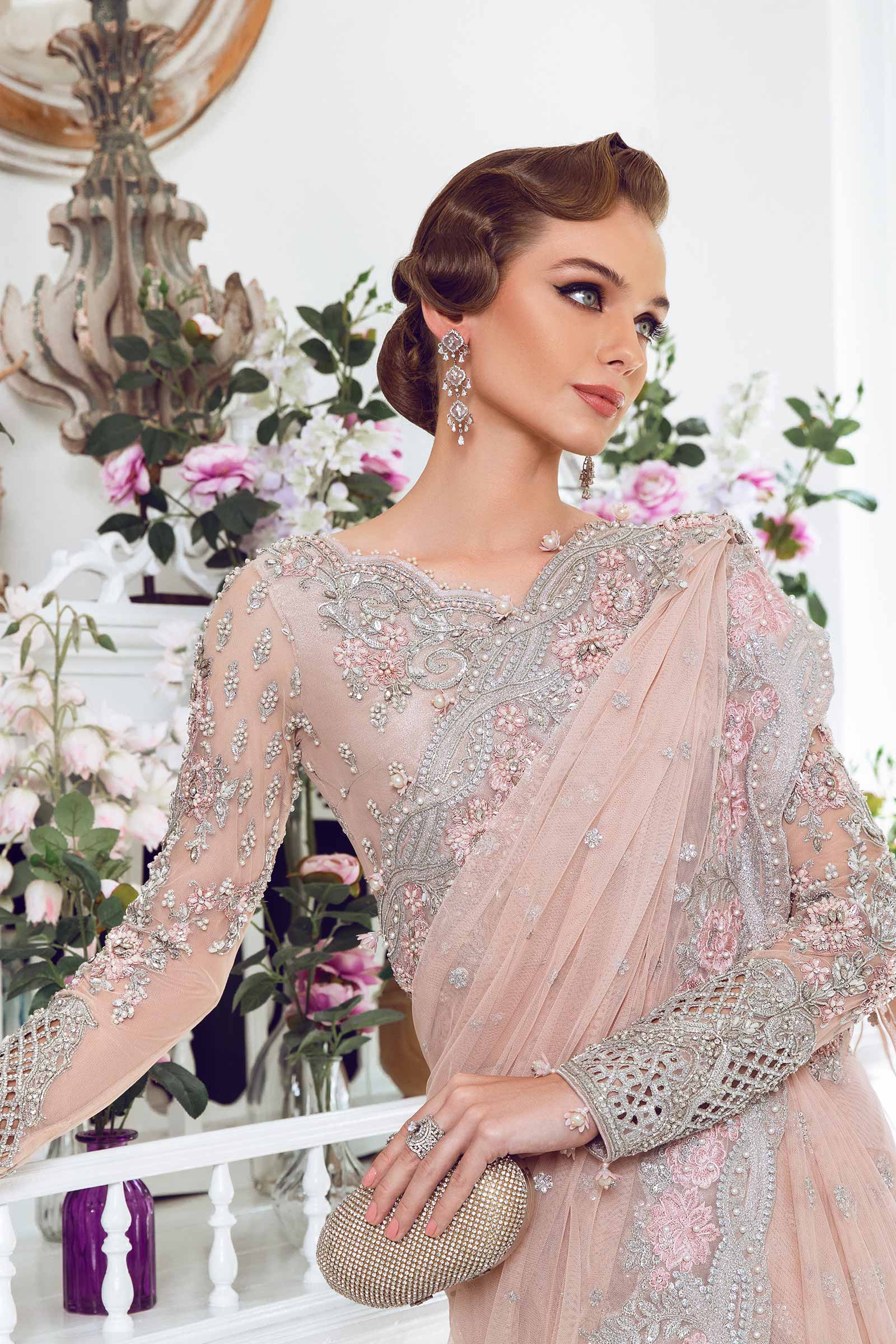 Pakistani Blush Pink Embellished Net Saree (3-Piece) - Image 5