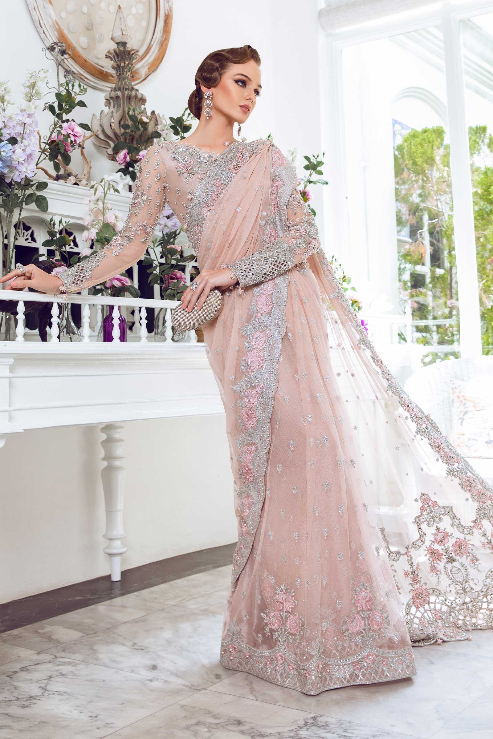 Pakistani Blush Pink Embellished Net Saree (3-Piece) - Image 9
