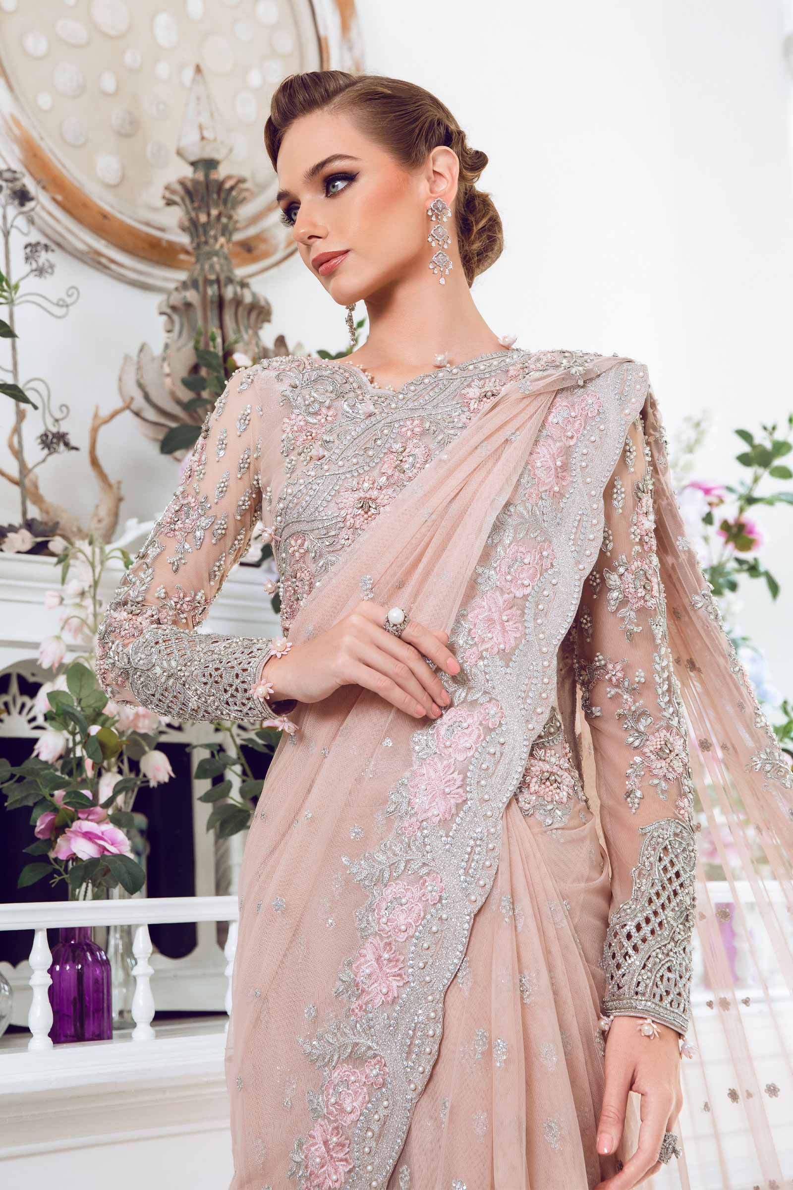 Pakistani Blush Pink Embellished Net Saree (3-Piece) - Image 5