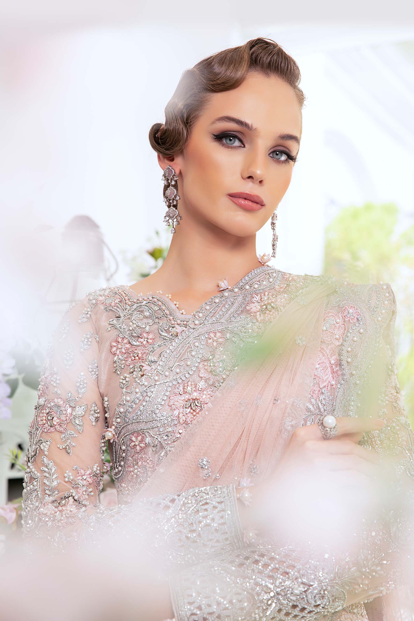 Pakistani Blush Pink Embellished Net Saree (3-Piece) - Image 6