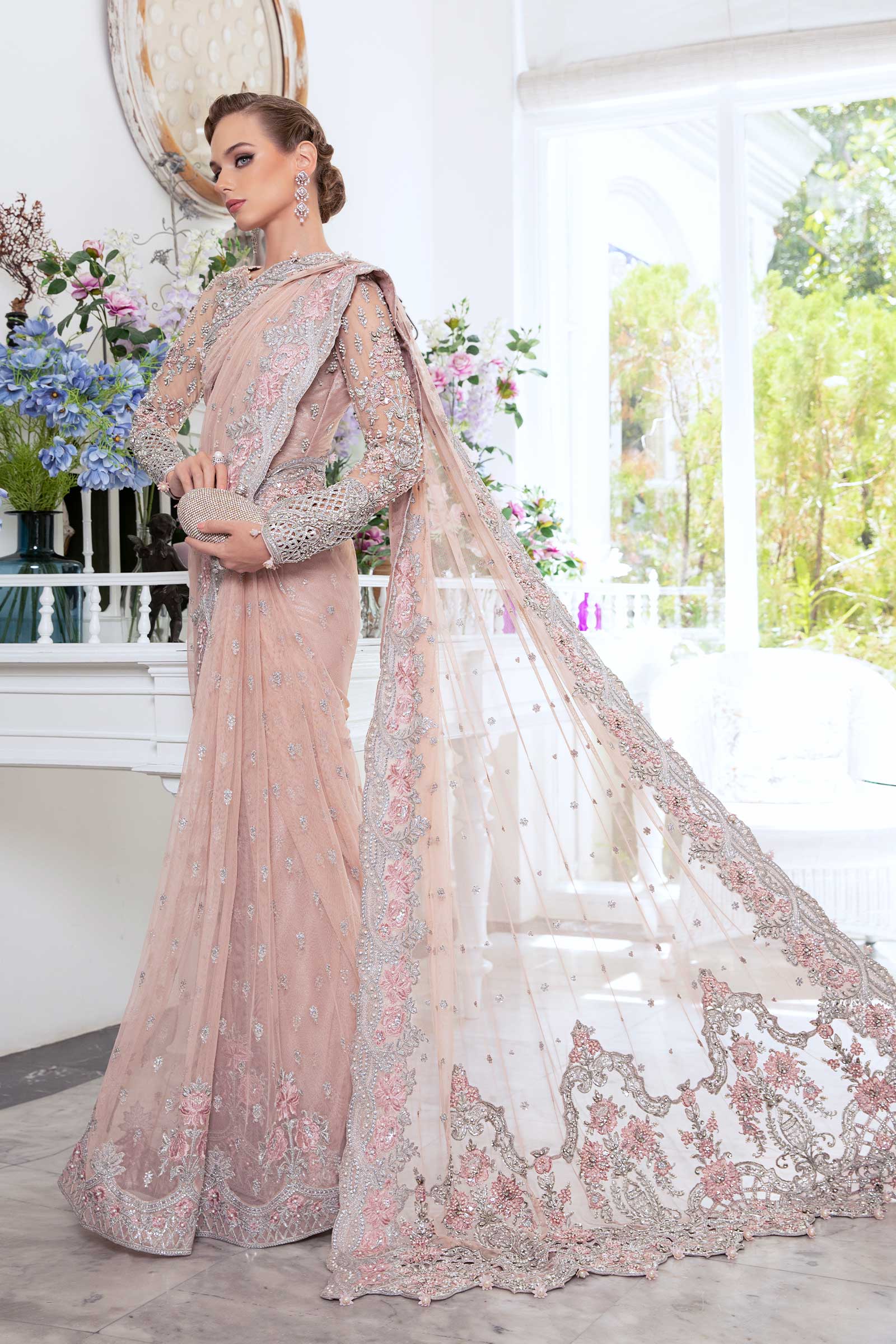 Pakistani Blush Pink Embellished Net Saree (3-Piece) - Image 9