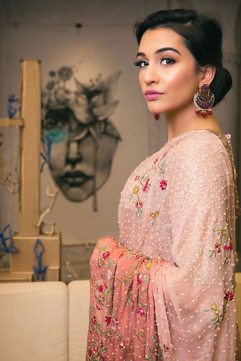 Rose Petal Pink Embroidered Net-Georgette Saree (2-Piece) - Image 1