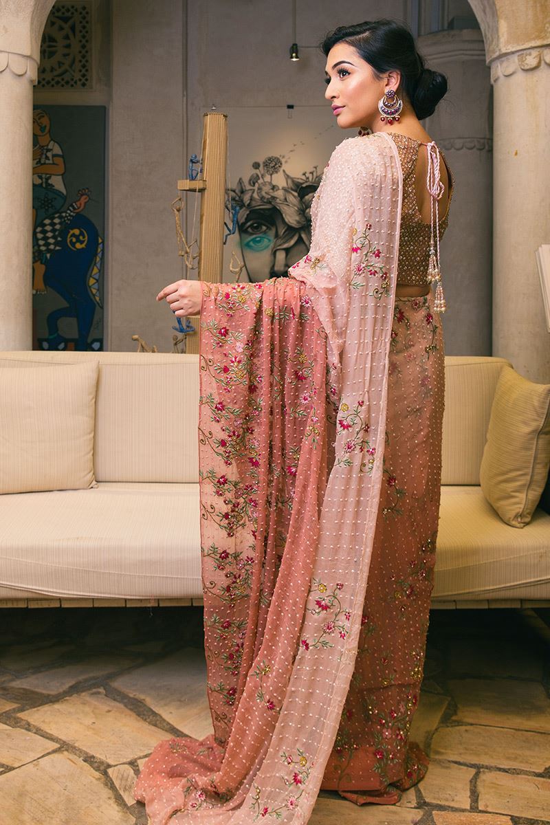 Rose Petal Pink Embroidered Net-Georgette Saree (2-Piece) - Image 2