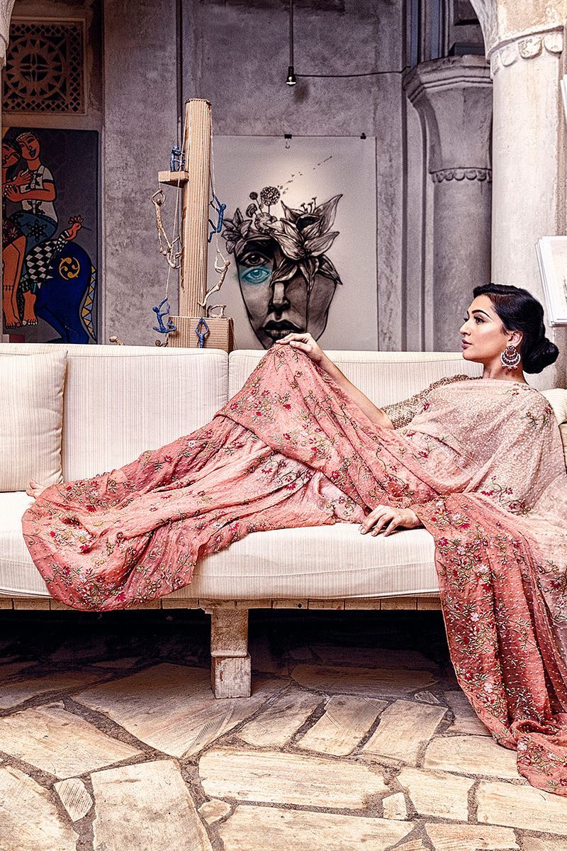 Rose Petal Pink Embroidered Net-Georgette Saree (2-Piece) - Image 3