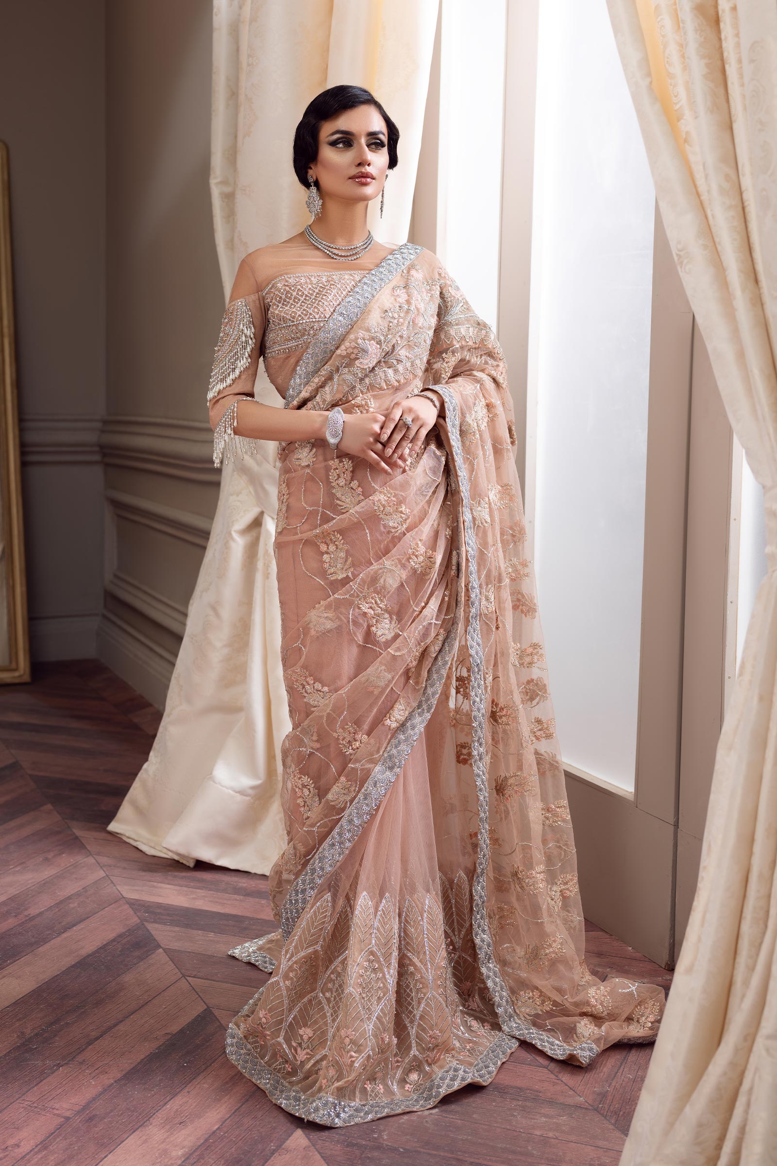 Nude Pink Embellished Net Saree (3-Piece) - Image 1