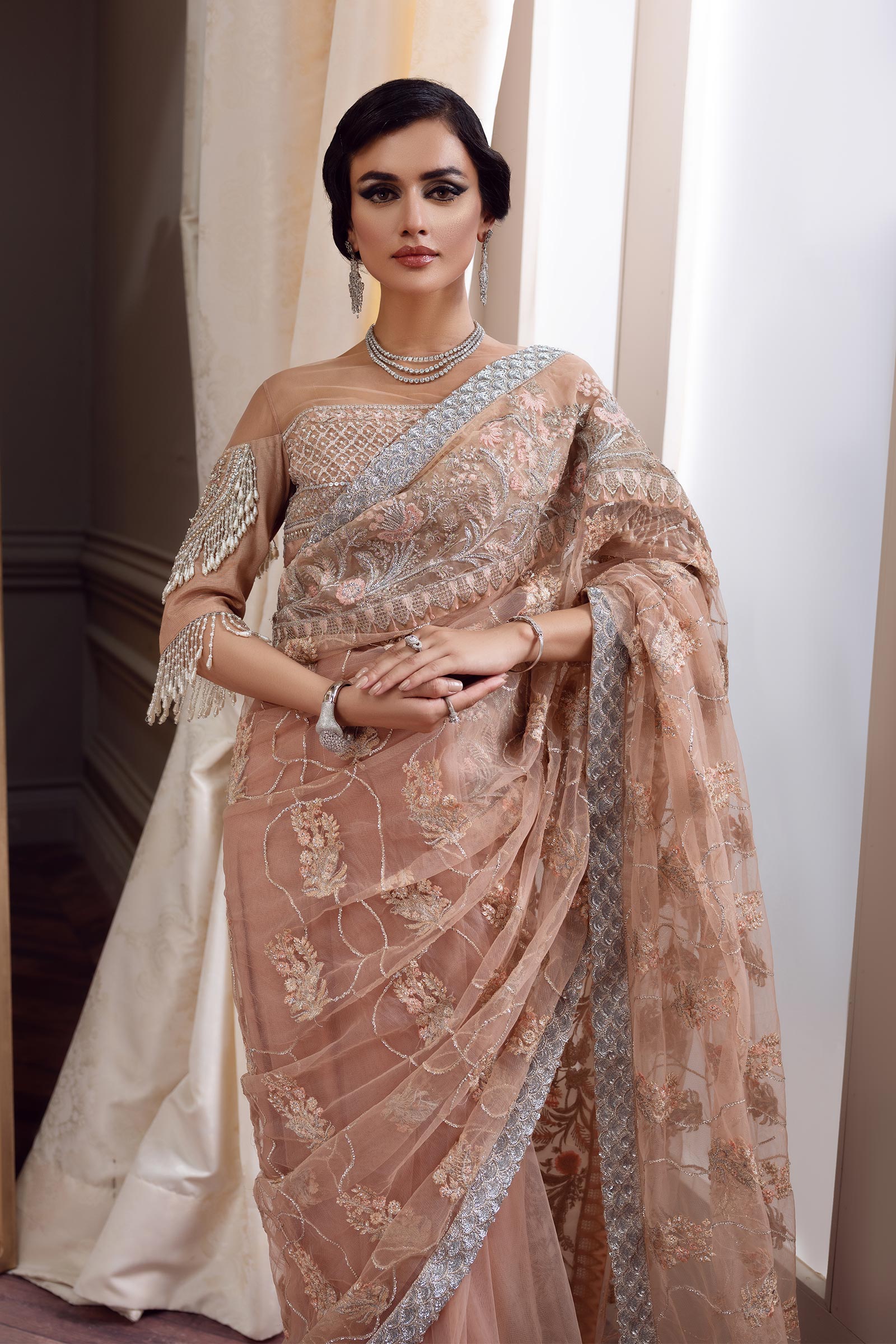 Nude Pink Embellished Net Saree (3-Piece) - Image 2