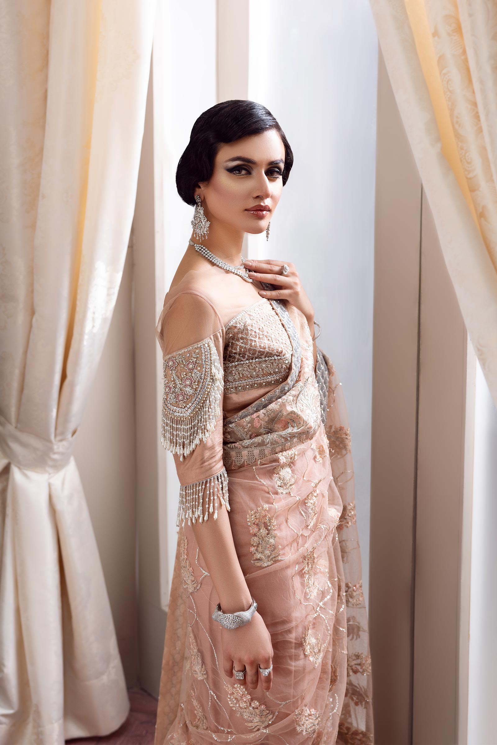 Nude Pink Embellished Net Saree (3-Piece) - Image 3