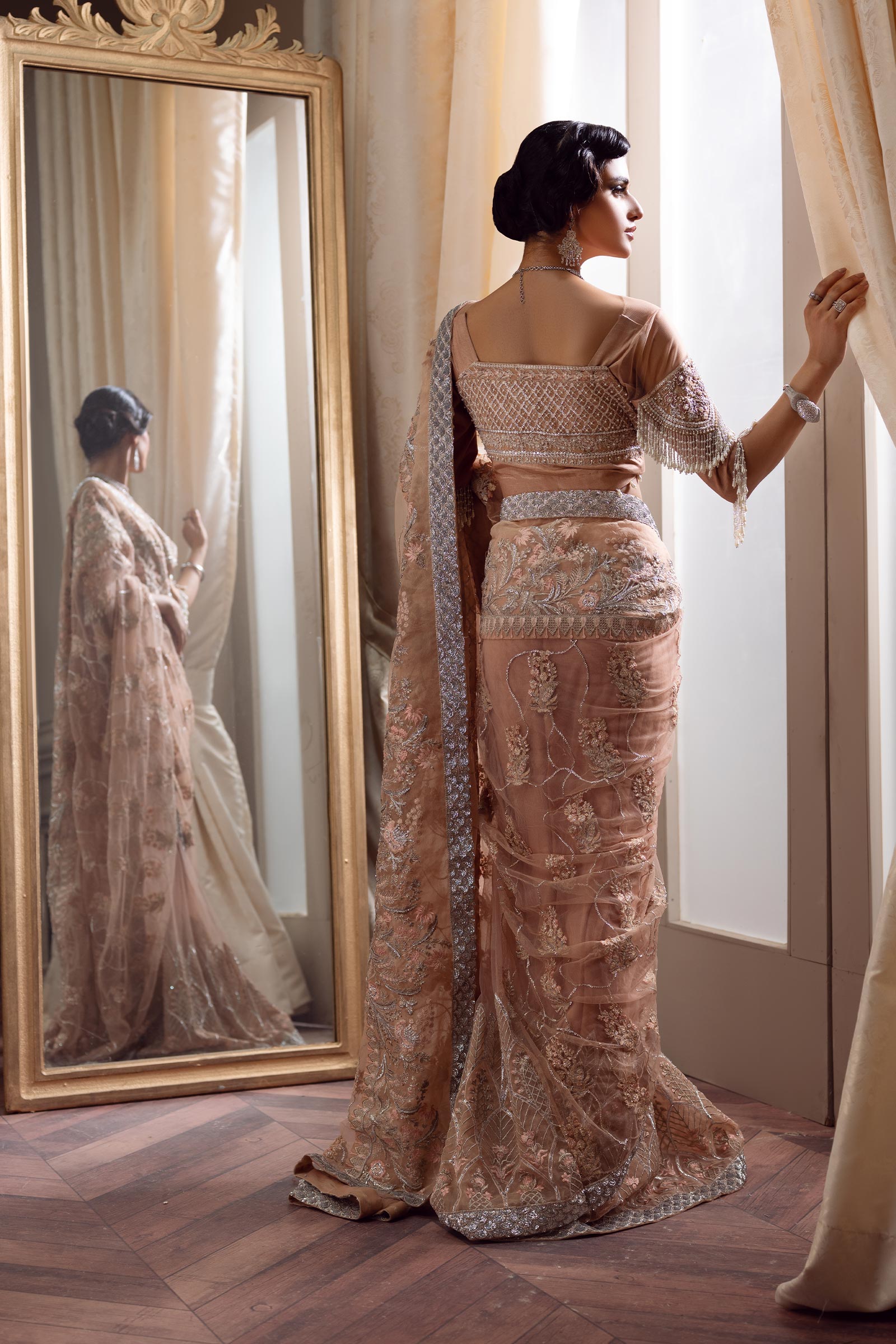 Nude Pink Embellished Net Saree (3-Piece) - Image 5