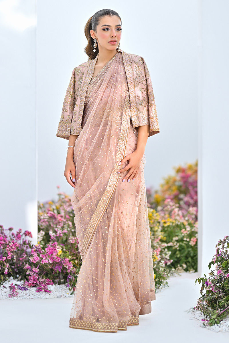 Dusty Pink Embellished Net Saree with Jacket (2-Piece) - Image 1
