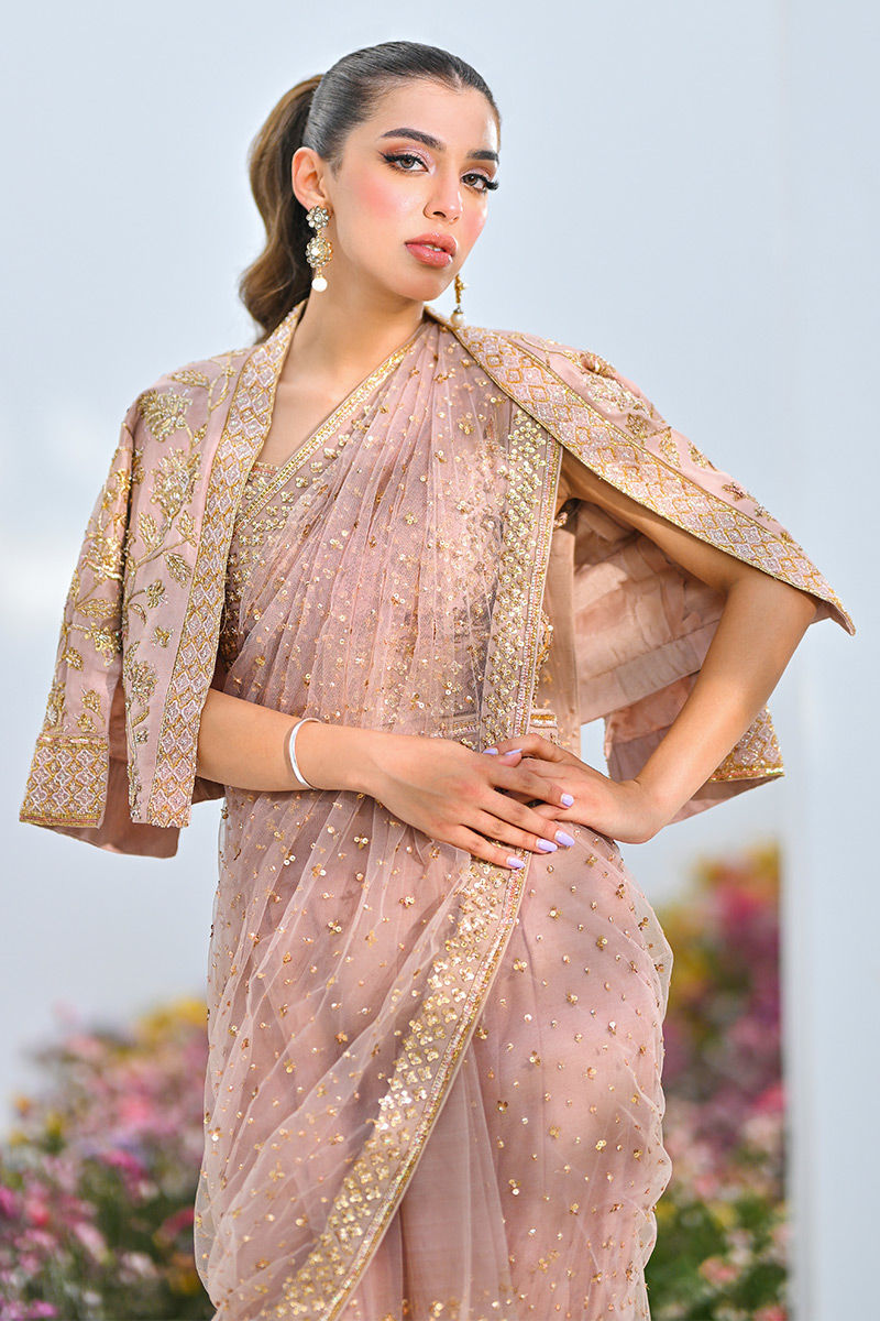 Dusty Pink Embellished Net Saree with Jacket (2-Piece) - Image 2