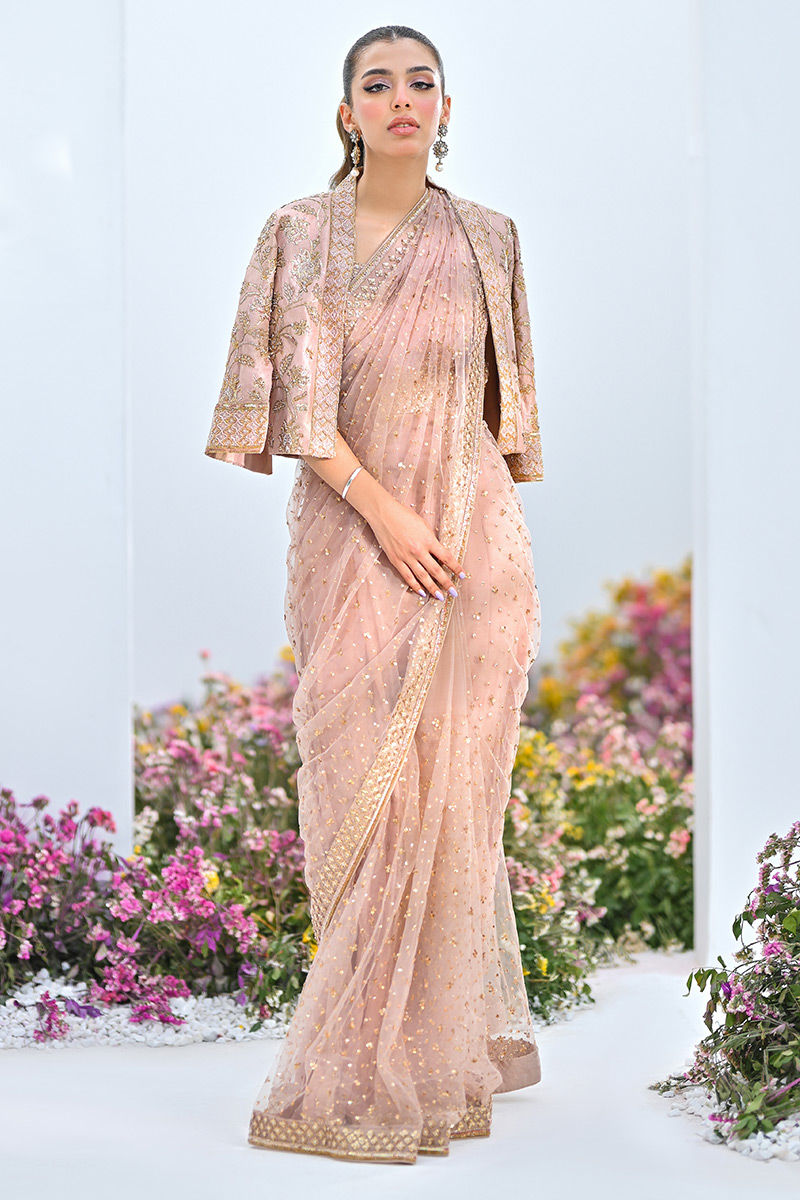 Dusty Pink Embellished Net Saree with Jacket (2-Piece) - Image 3