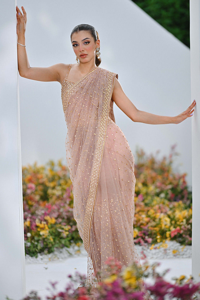 Dusty Pink Embellished Net Saree with Jacket (2-Piece) - Image 4