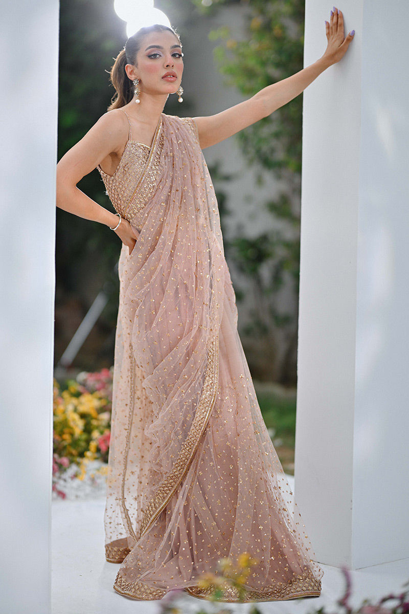 Dusty Pink Embellished Net Saree with Jacket (2-Piece) - Image 6