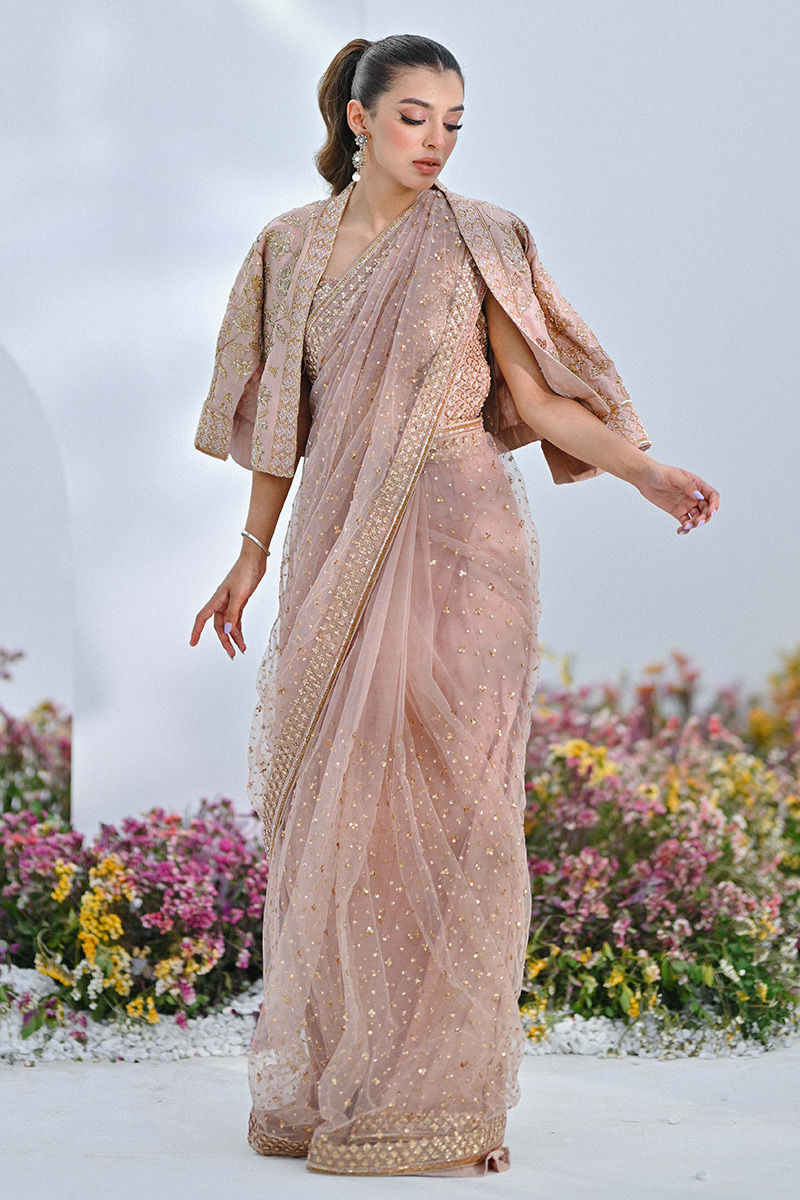 Dusty Pink Embellished Net Saree with Jacket (2-Piece) - Image 7