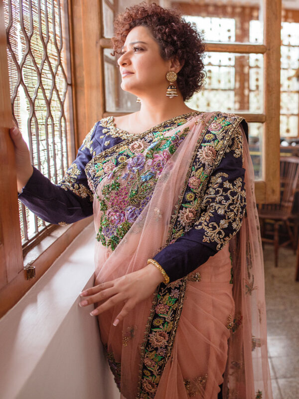 Pakistani Blush Pink Embroidered Net Saree with Navy Blouse (2-Piece) - Image 1