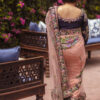 Pakistani Blush Pink Embroidered Net Saree with Navy Blouse (2-Piece) - Image 3