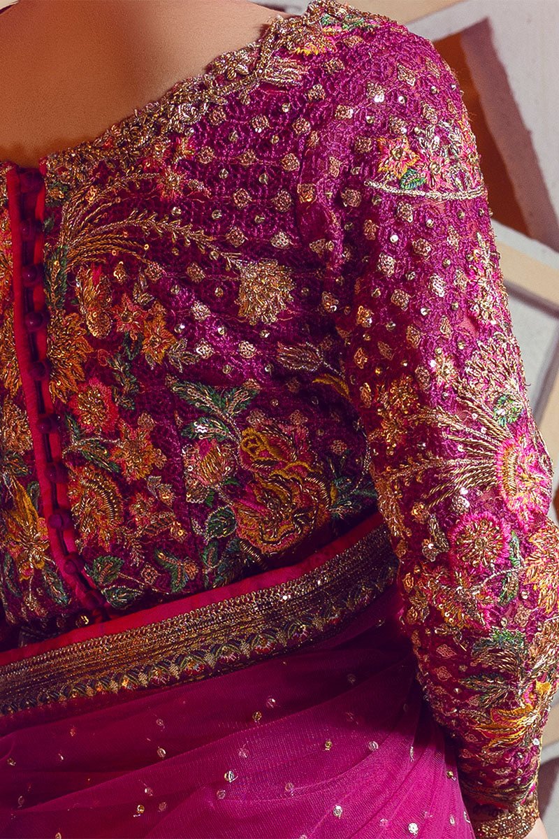 Pakistani Magenta Embroidered Net Saree with Beadwork (2-Piece) - Image 10