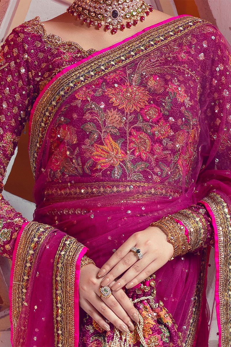Pakistani Magenta Embroidered Net Saree with Beadwork (2-Piece) - Image 11