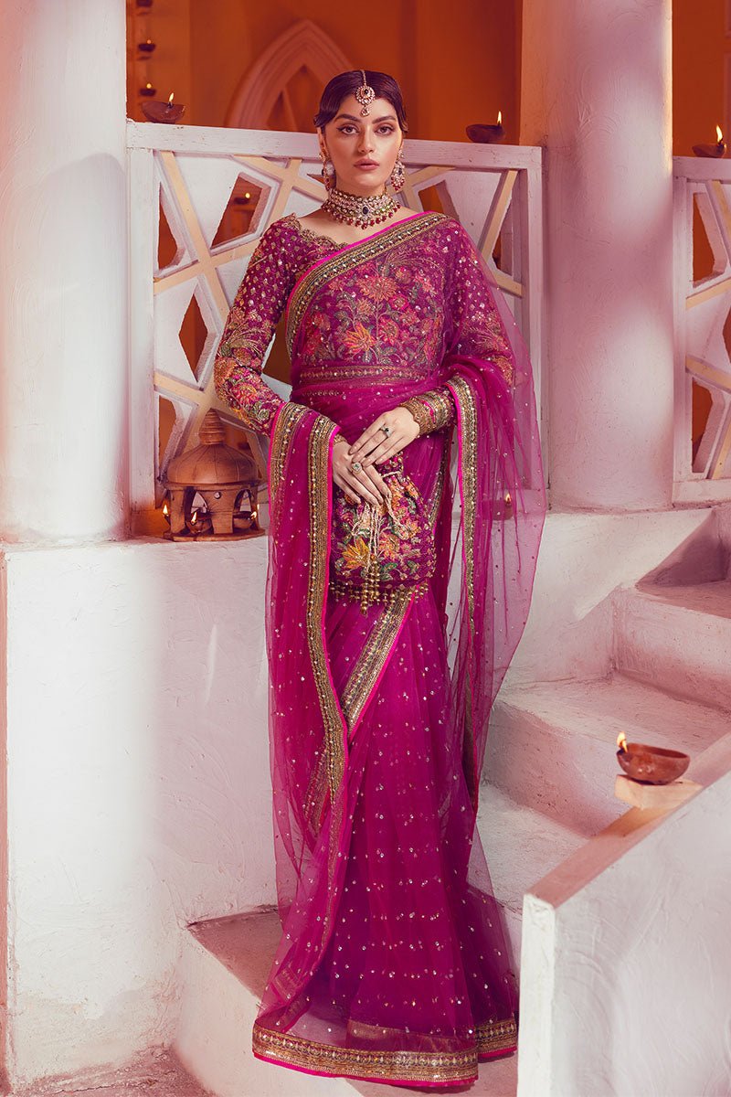 Pakistani Magenta Embroidered Net Saree with Beadwork (2-Piece) - Image 2