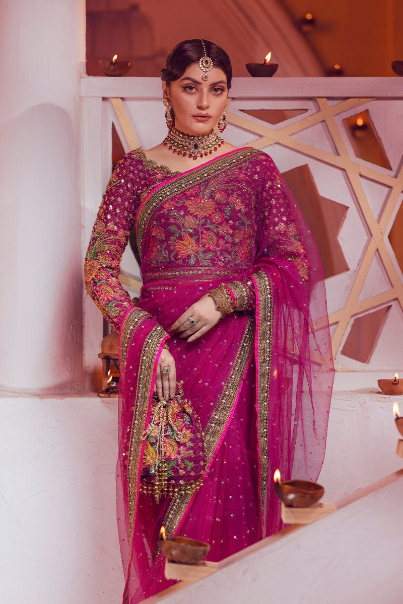 Pakistani Magenta Embroidered Net Saree with Beadwork (2-Piece) - Image 3