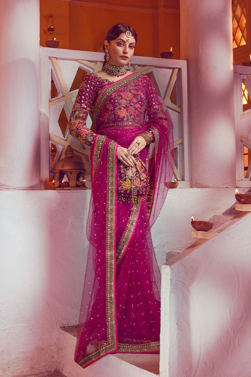 Pakistani Magenta Embroidered Net Saree with Beadwork (2-Piece) - Image 4