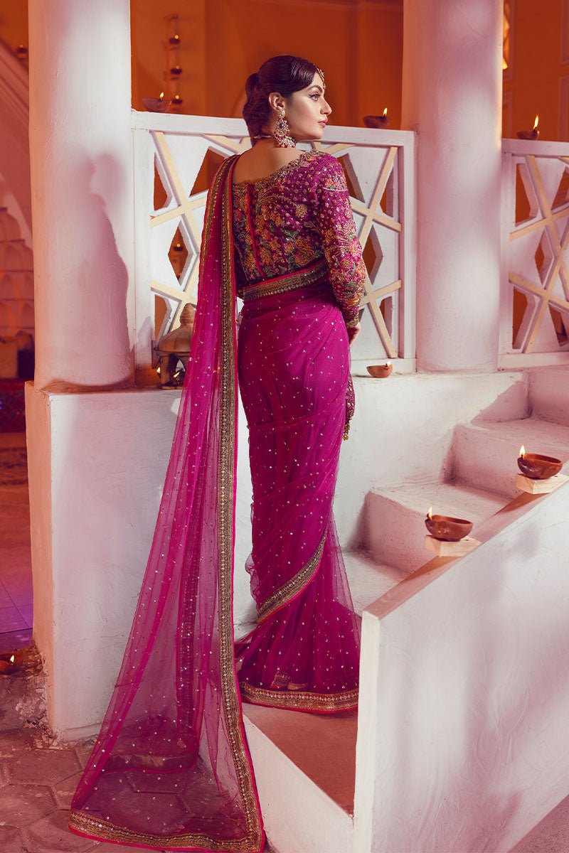 Pakistani Magenta Embroidered Net Saree with Beadwork (2-Piece) - Image 5