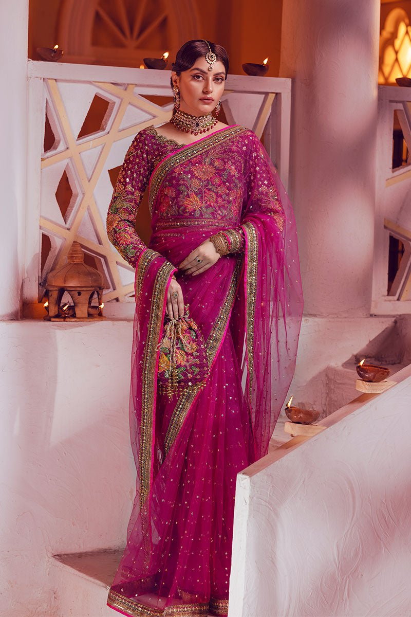 Pakistani Magenta Embroidered Net Saree with Beadwork (2-Piece) - Image 7