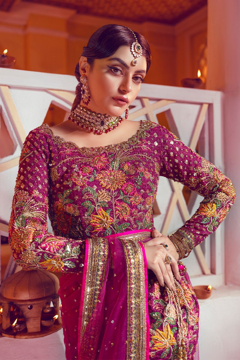 Pakistani Magenta Embroidered Net Saree with Beadwork (2-Piece) - Image 8