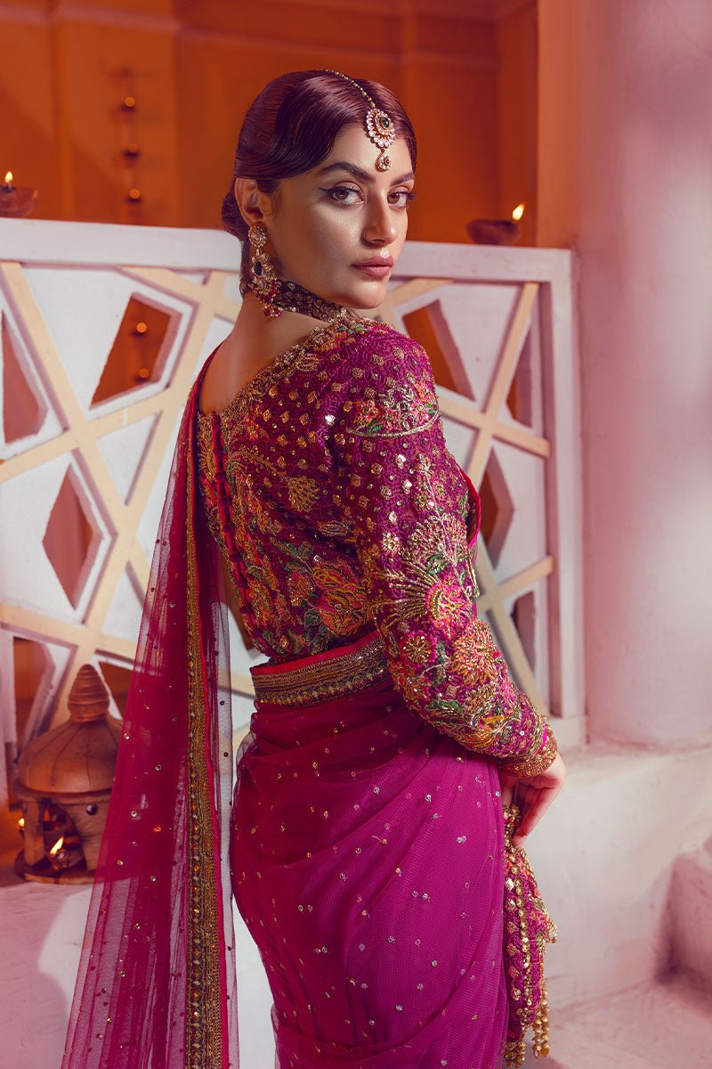 Pakistani Magenta Embroidered Net Saree with Beadwork (2-Piece) - Image 9