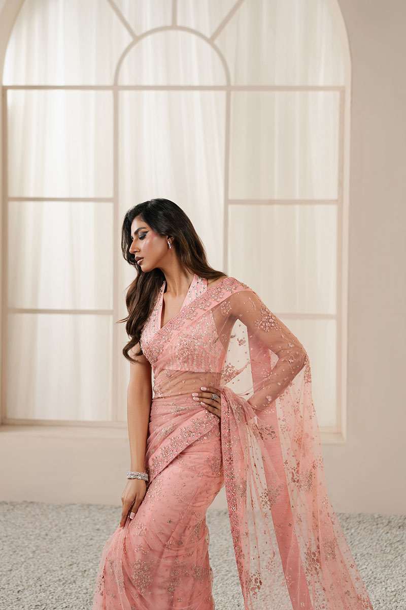 Fuchsia Pink Embellished Net Saree (2-Piece) - Image 5