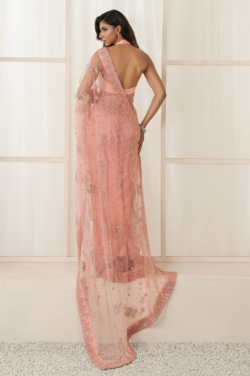 Fuchsia Pink Embellished Net Saree (2-Piece) - Image 9