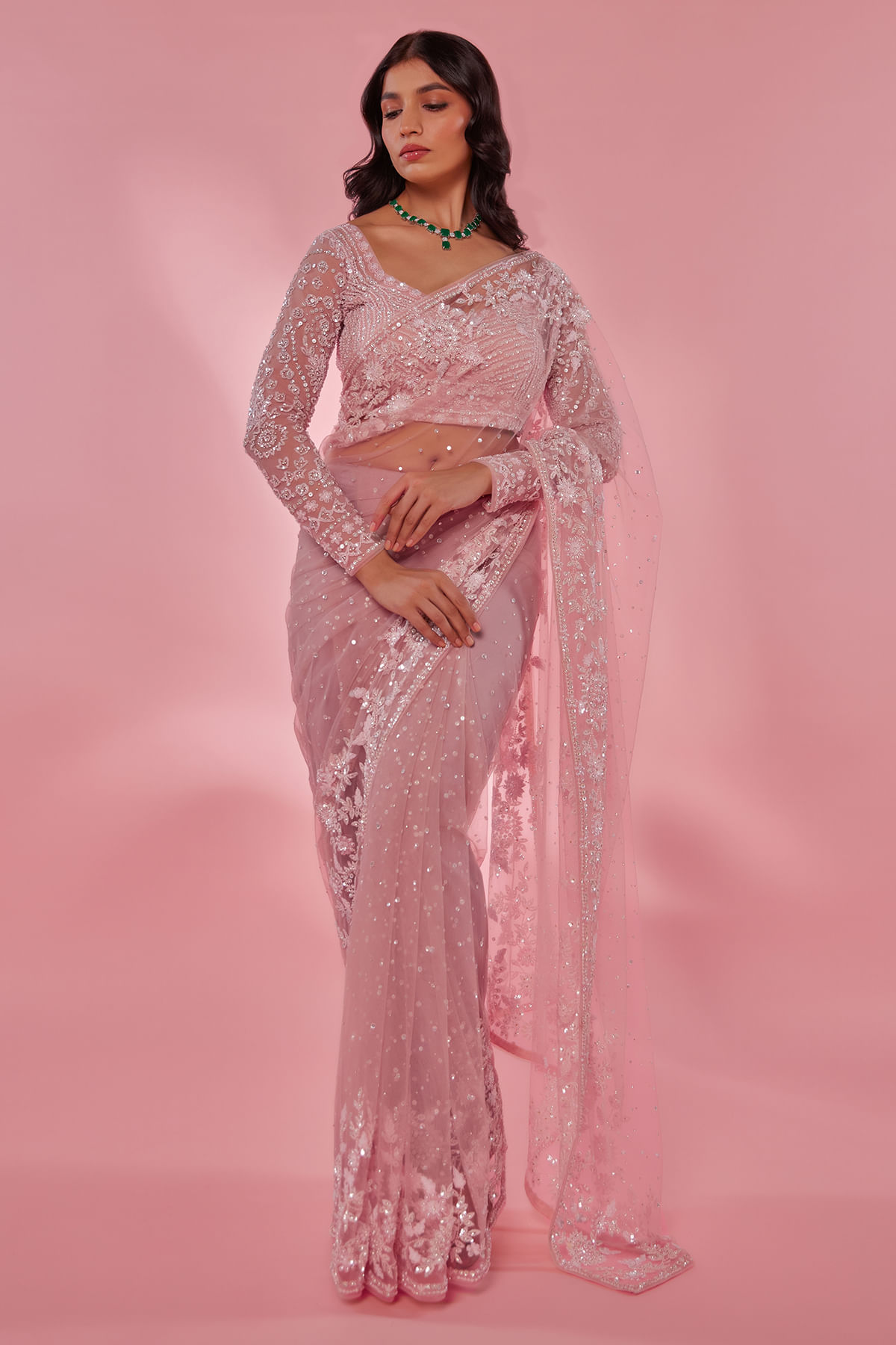 Baby Pink Embroidered Net Saree (2-Piece) - Image 1
