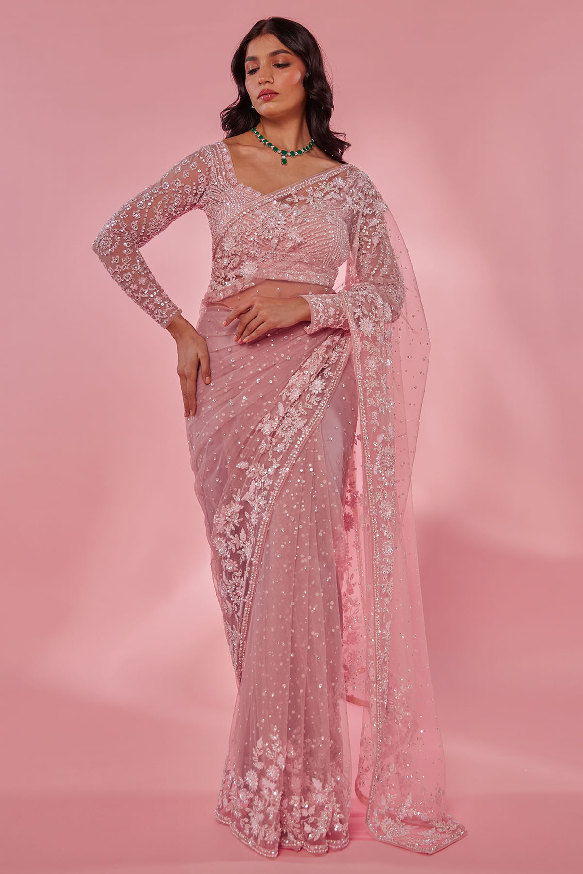 Baby Pink Embroidered Net Saree (2-Piece) - Image 3