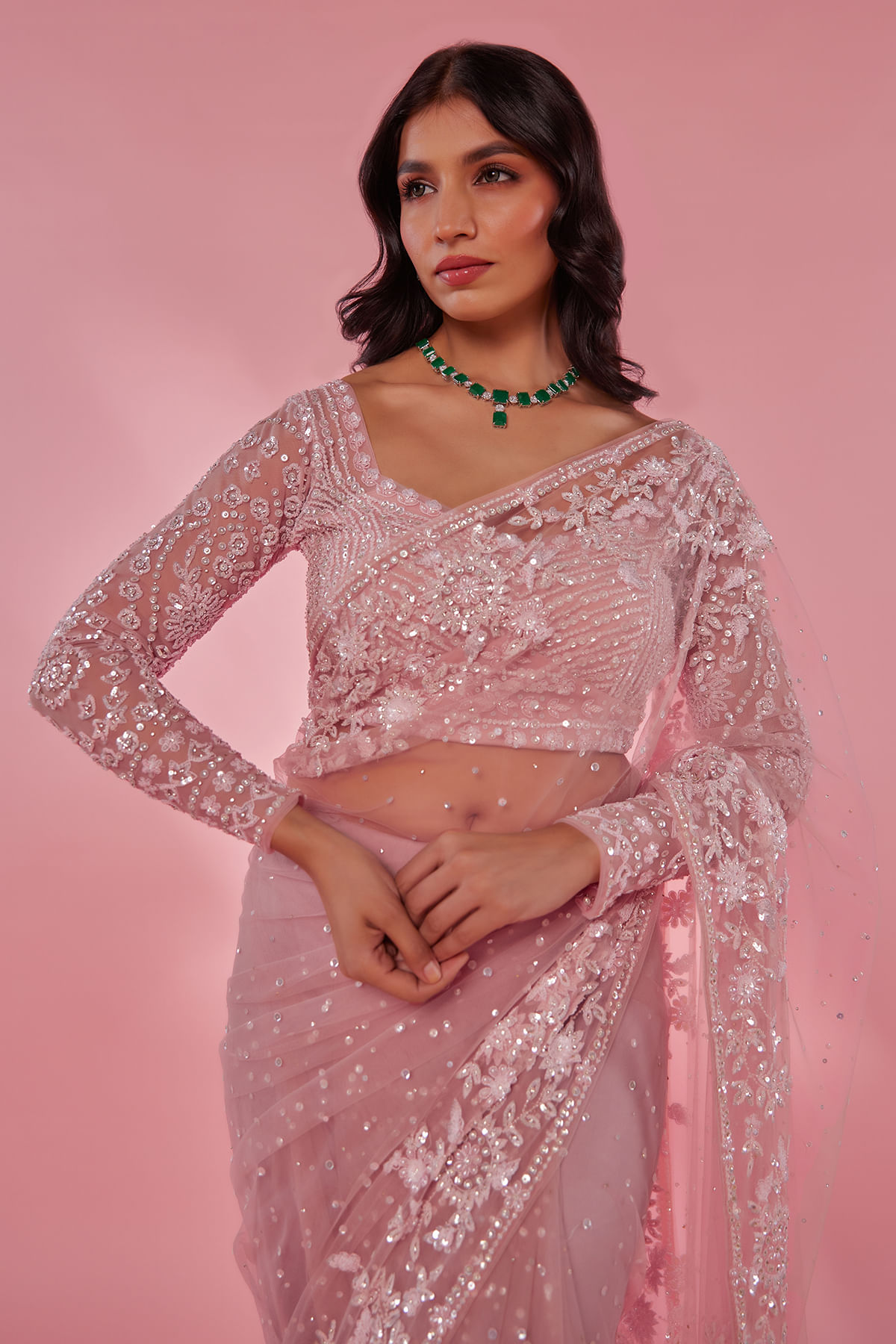 Baby Pink Embroidered Net Saree (2-Piece) - Image 4