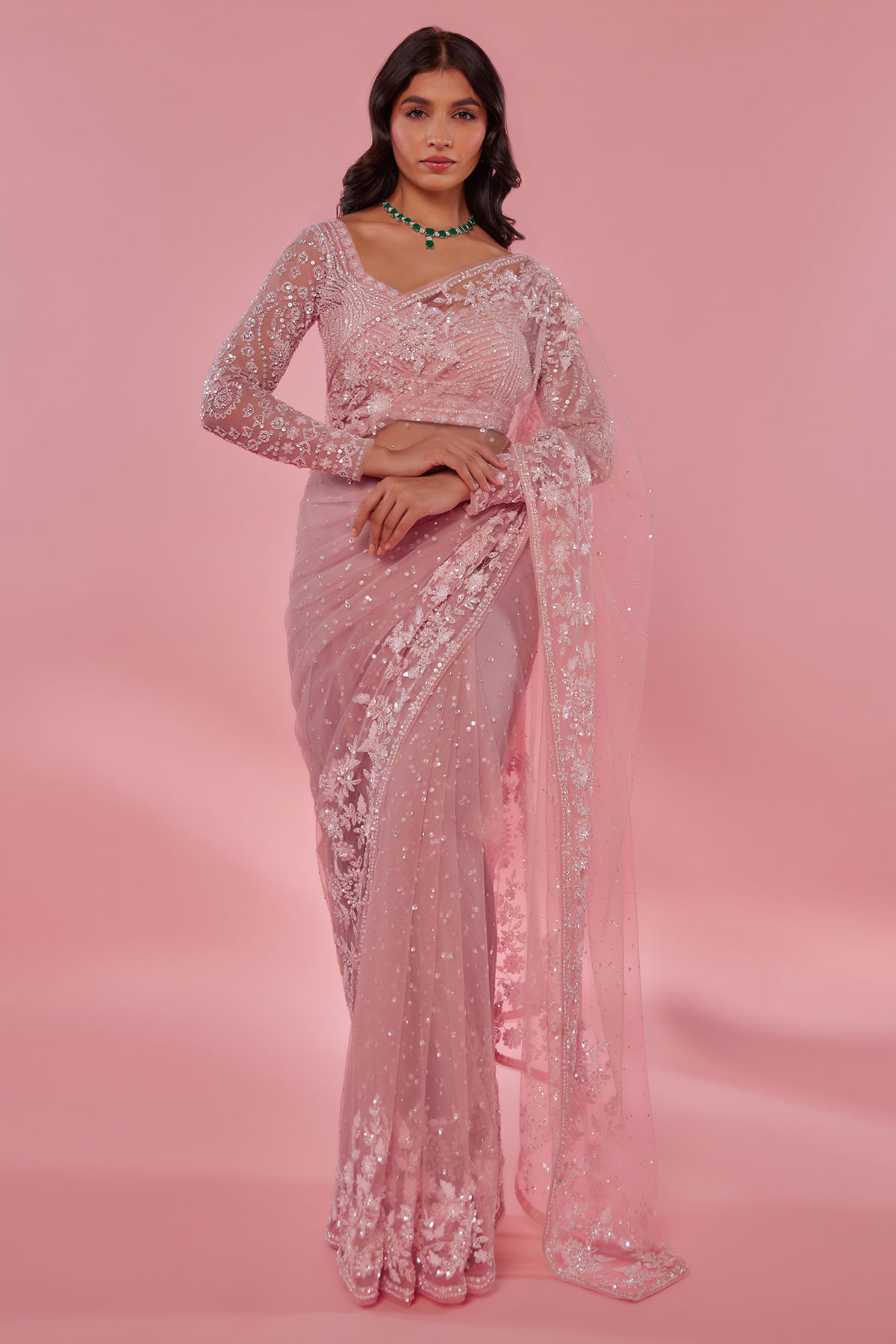 Baby Pink Embroidered Net Saree (2-Piece) - Image 5