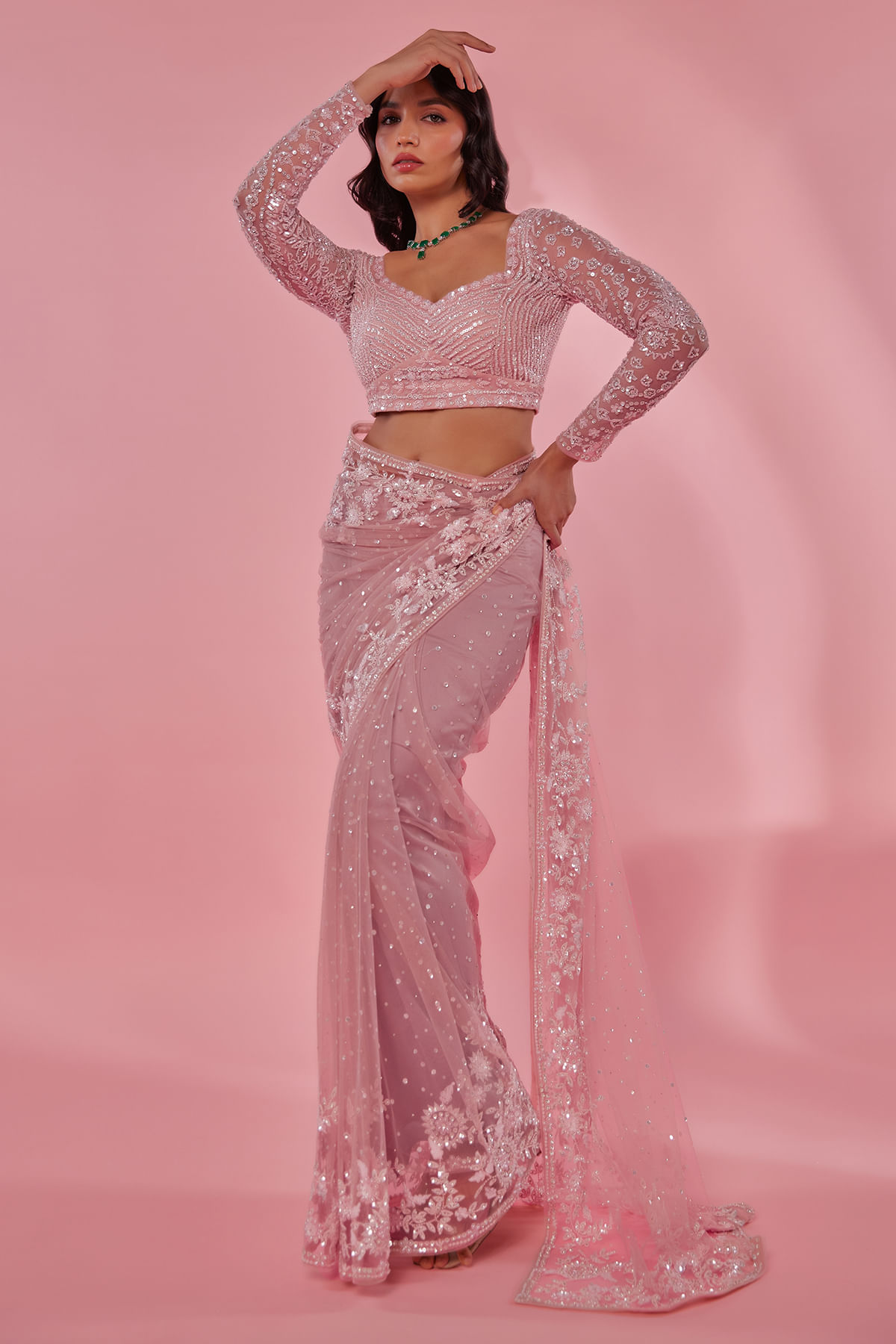 Baby Pink Embroidered Net Saree (2-Piece) - Image 6