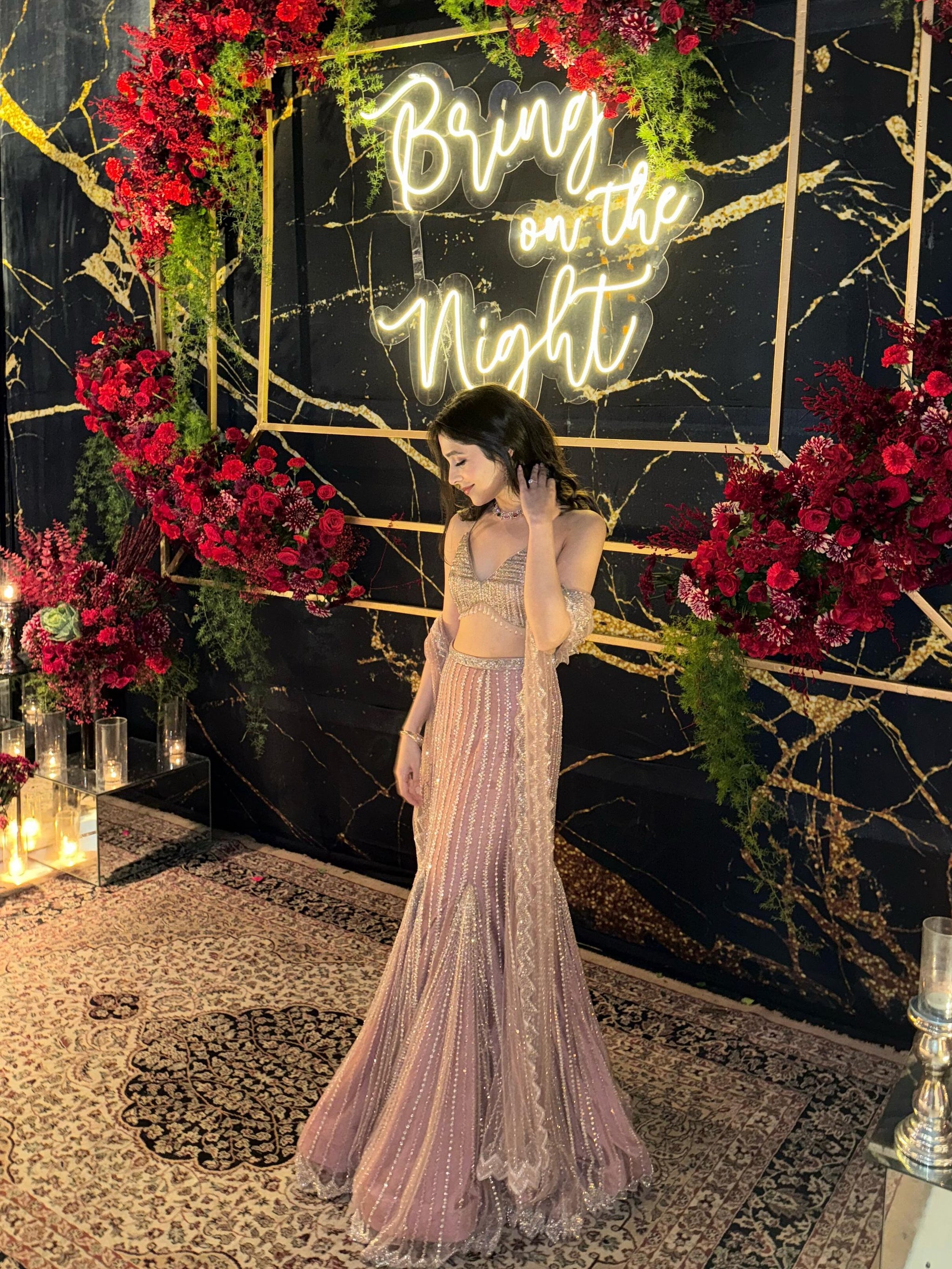 Champagne Pink Embellished Net Pre-Draped Saree (2-Piece) - Image 3