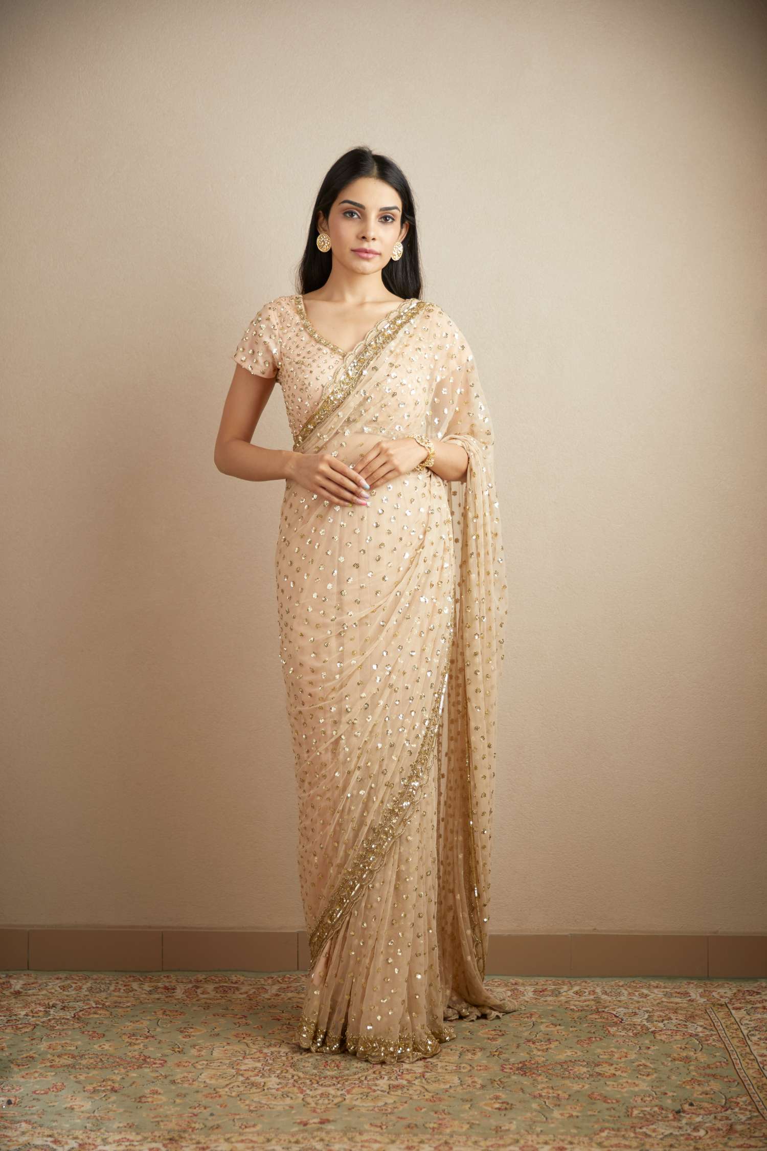 Peach Pink Sequin Net Saree (2-Piece) - Image 1