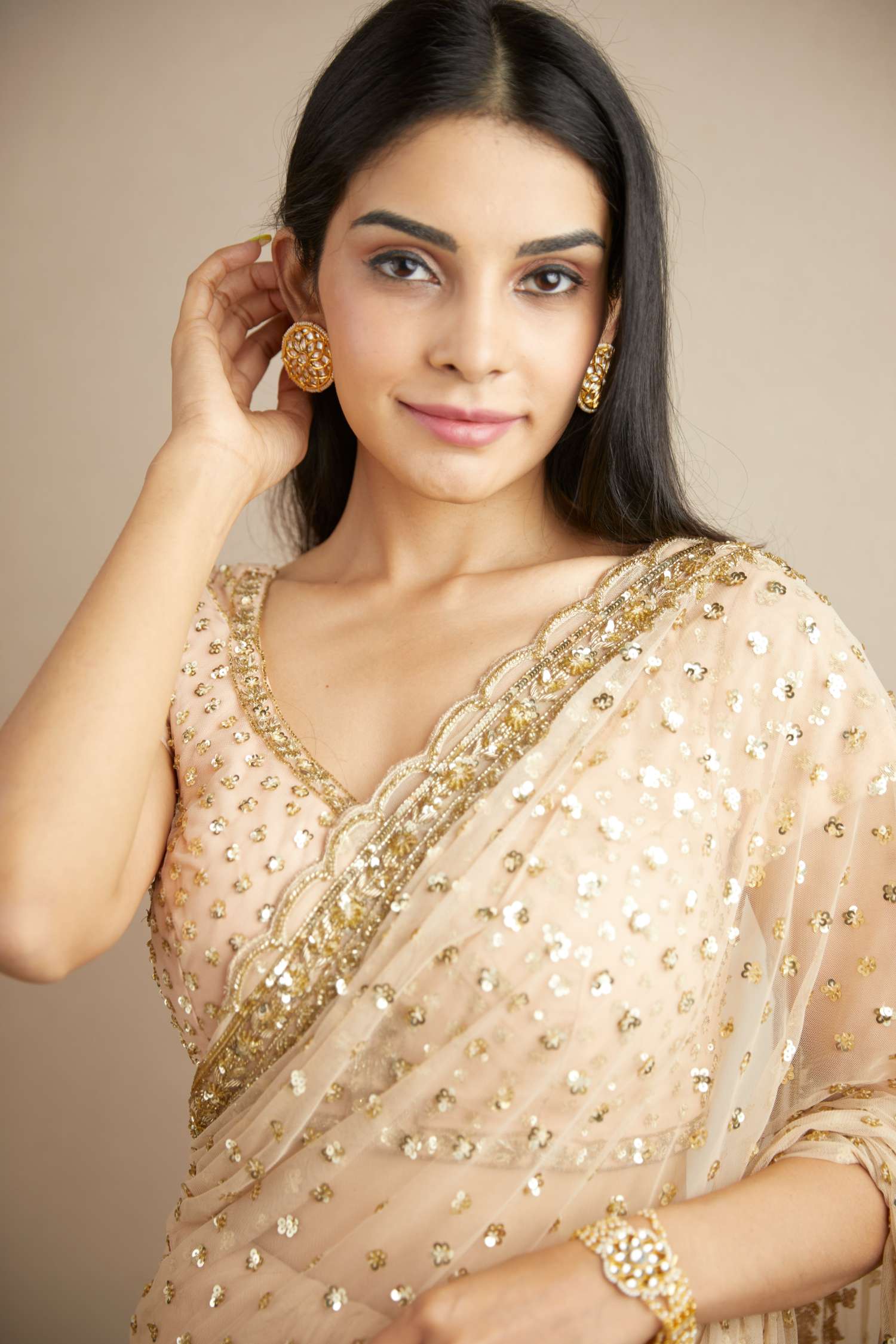 Peach Pink Sequin Net Saree (2-Piece) - Image 2
