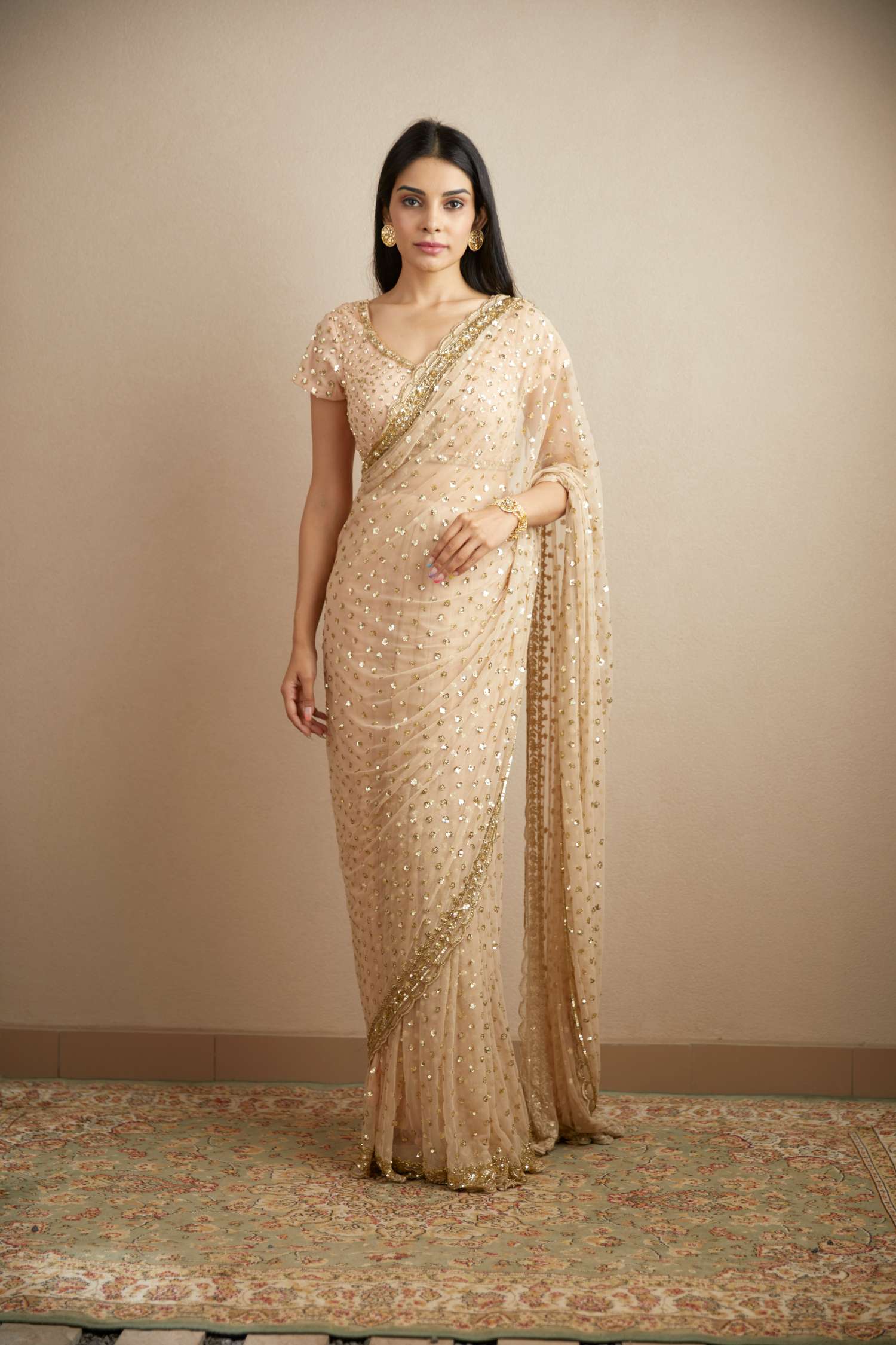 Peach Pink Sequin Net Saree (2-Piece) - Image 3