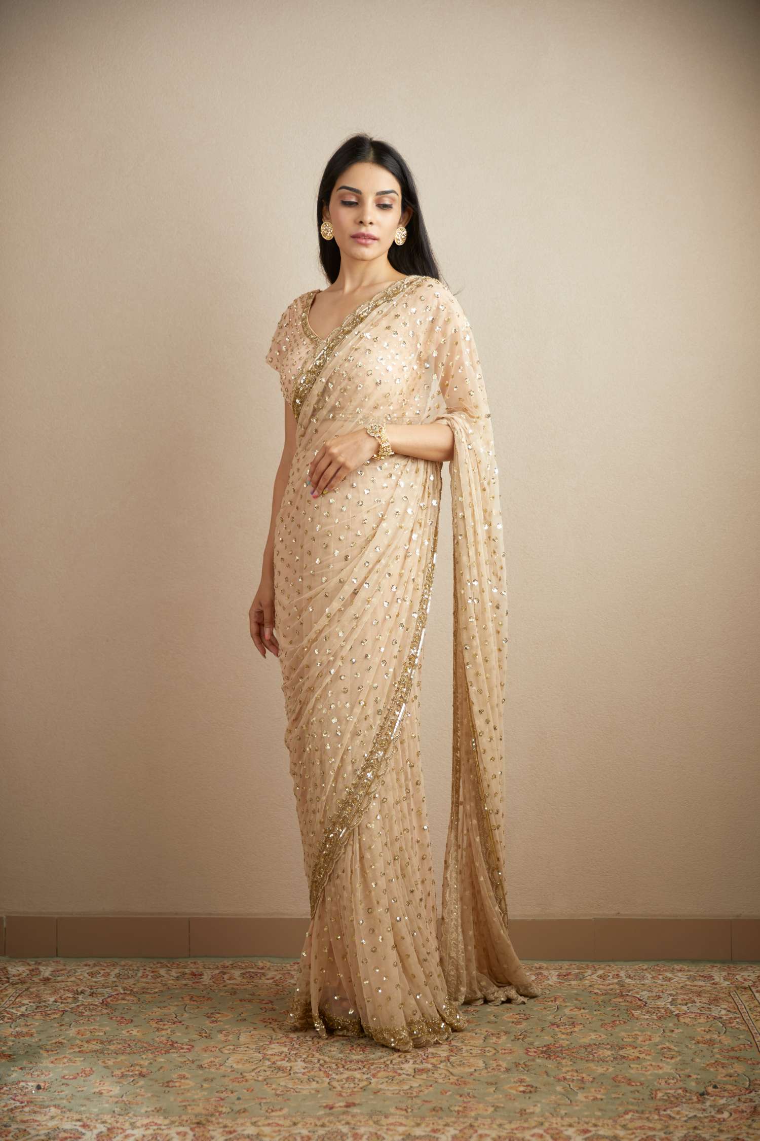 Peach Pink Sequin Net Saree (2-Piece) - Image 4