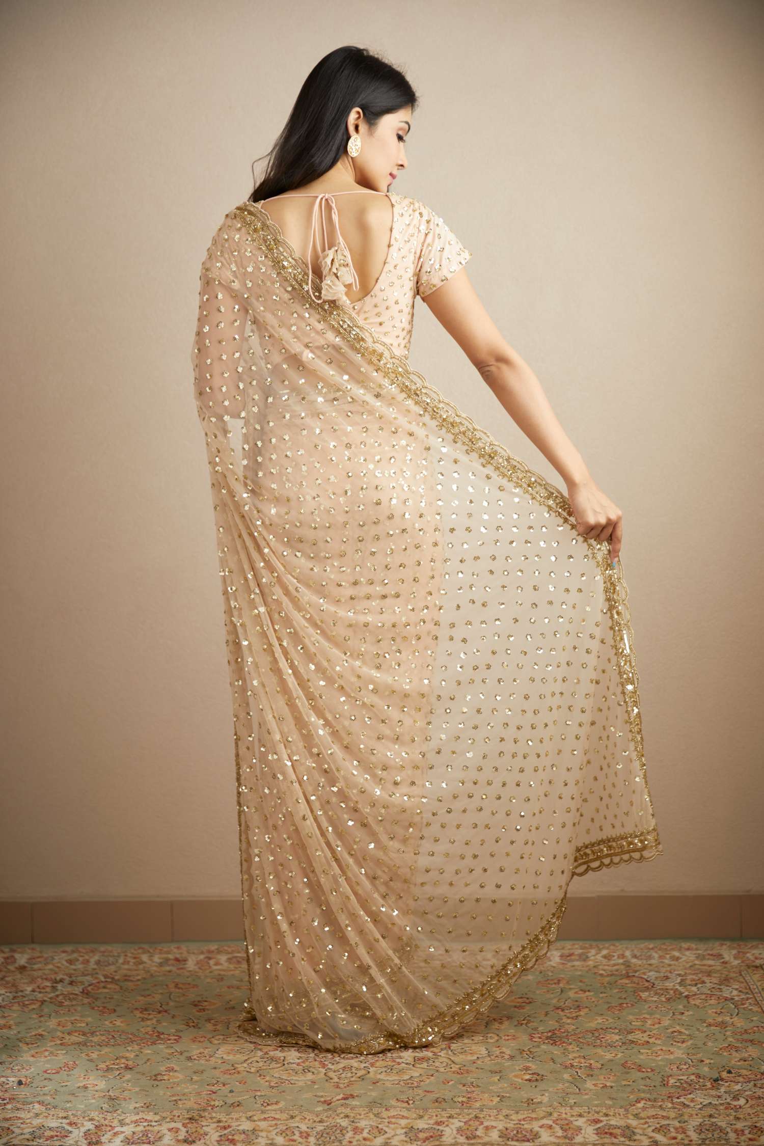 Peach Pink Sequin Net Saree (2-Piece) - Image 6
