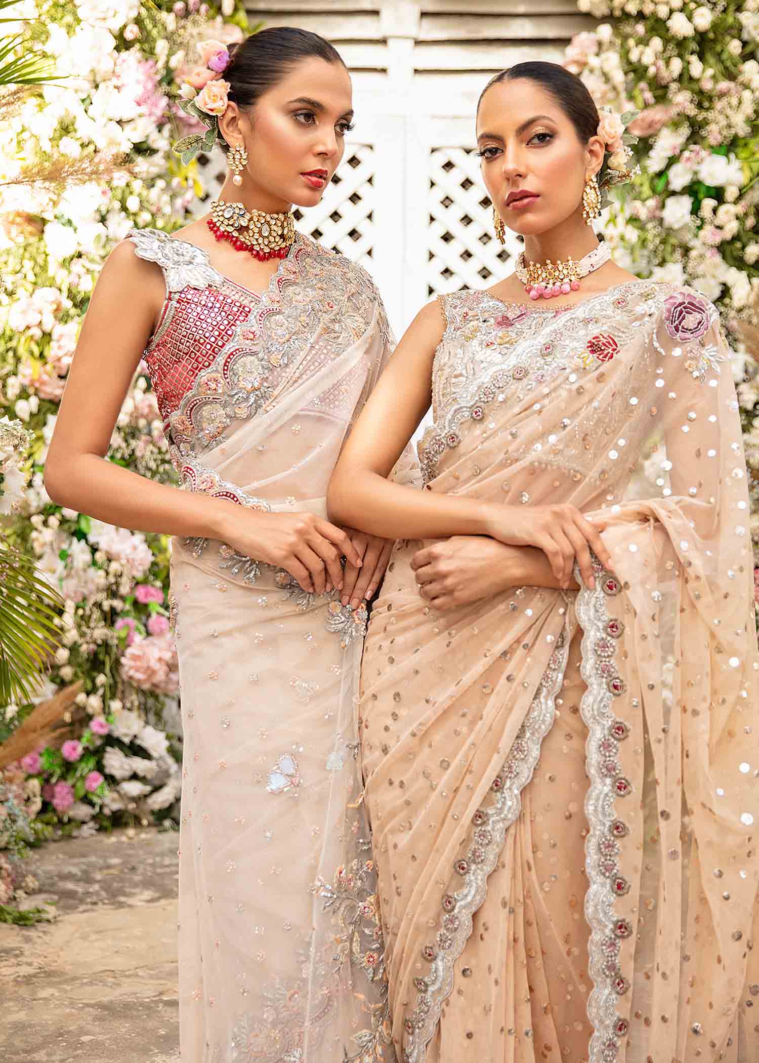 Blush Nude Embroidered Net Saree (2-Piece) - Image 6