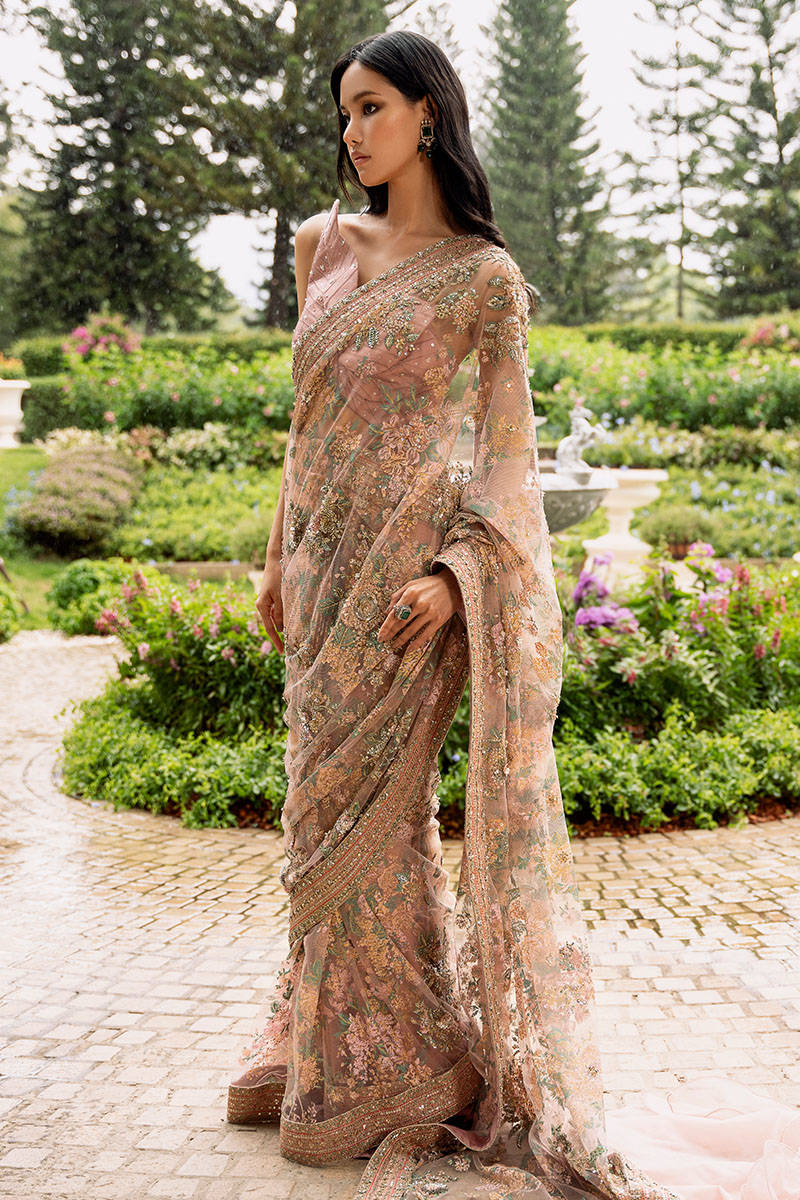 Powder Pink Zardozi Net Saree (2-Piece) - Image 1