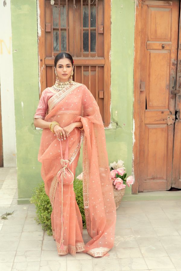 Blush Pink Embroidered Organza Saree (3-Piece) - Image 1