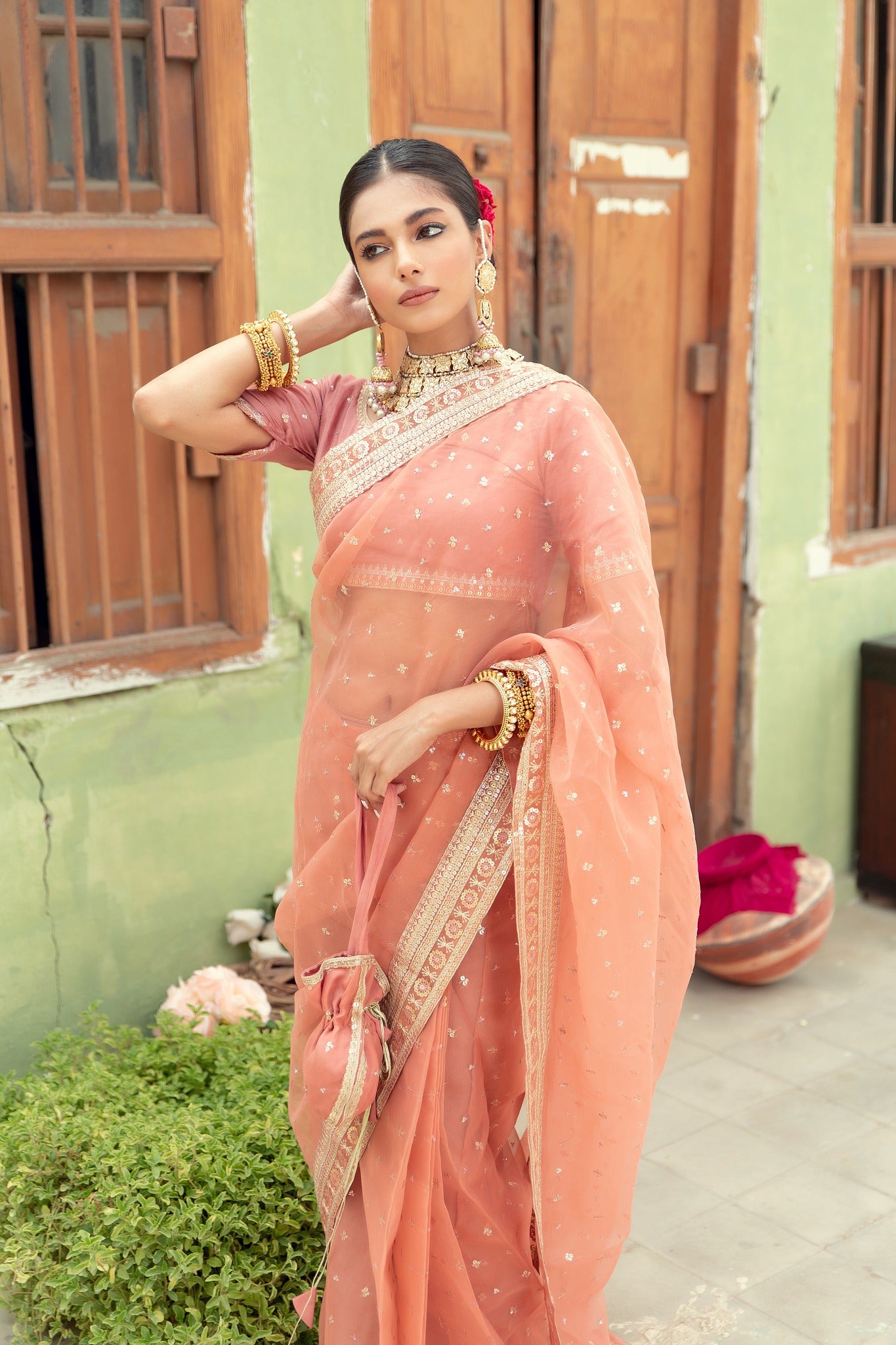 Blush Pink Embroidered Organza Saree (3-Piece) - Image 2