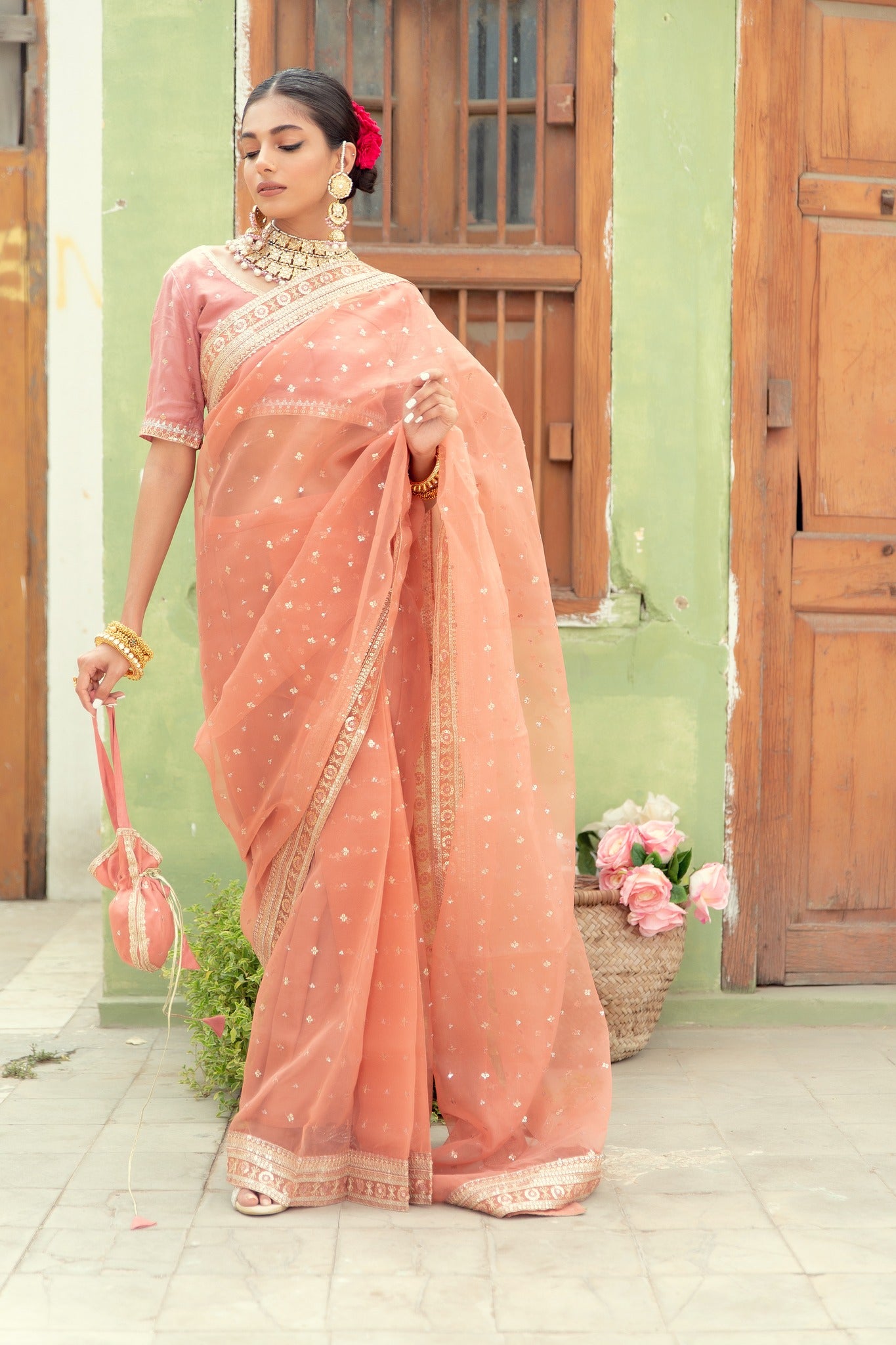 Blush Pink Embroidered Organza Saree (3-Piece) - Image 4