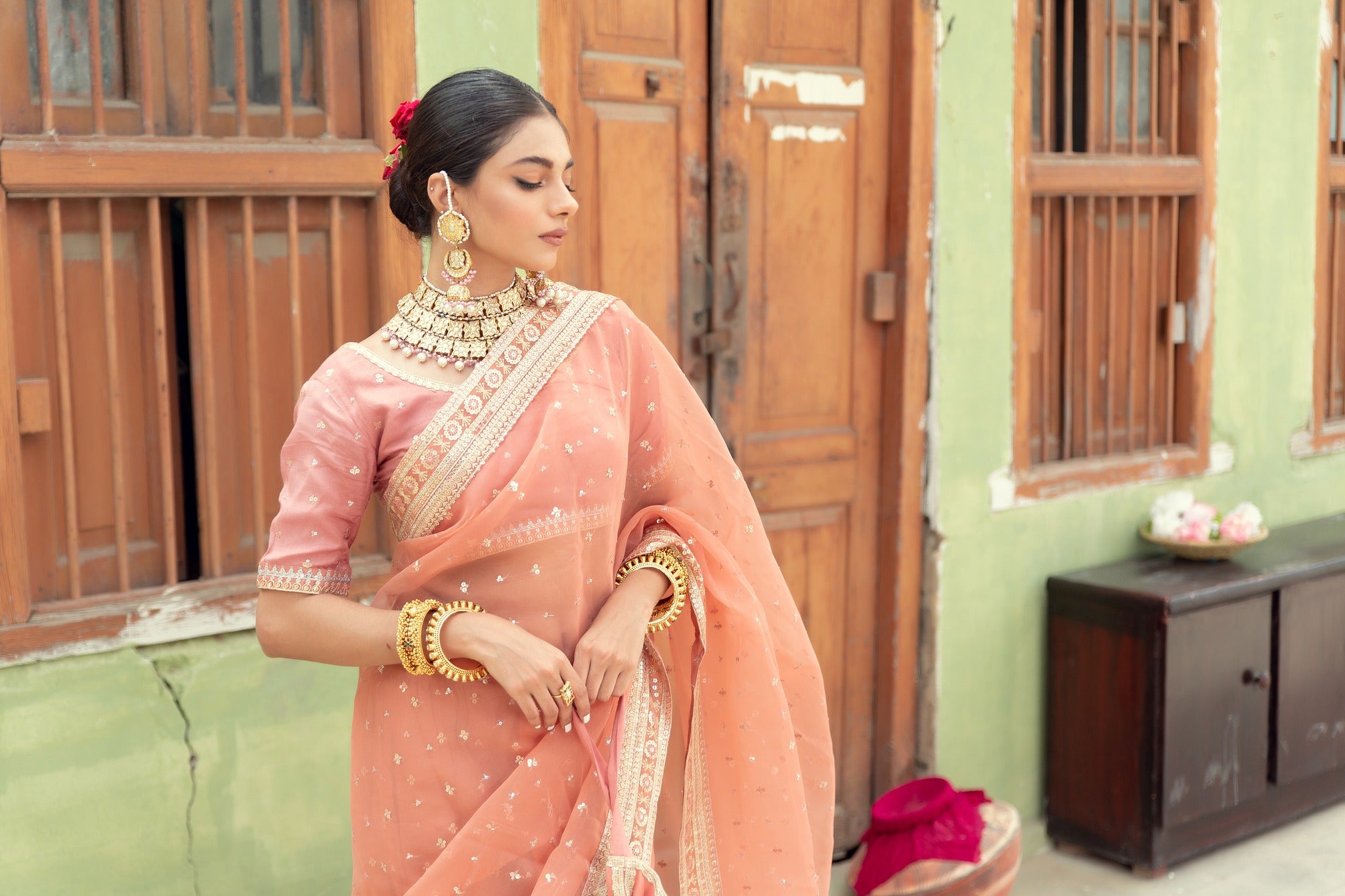 Blush Pink Embroidered Organza Saree (3-Piece) - Image 5