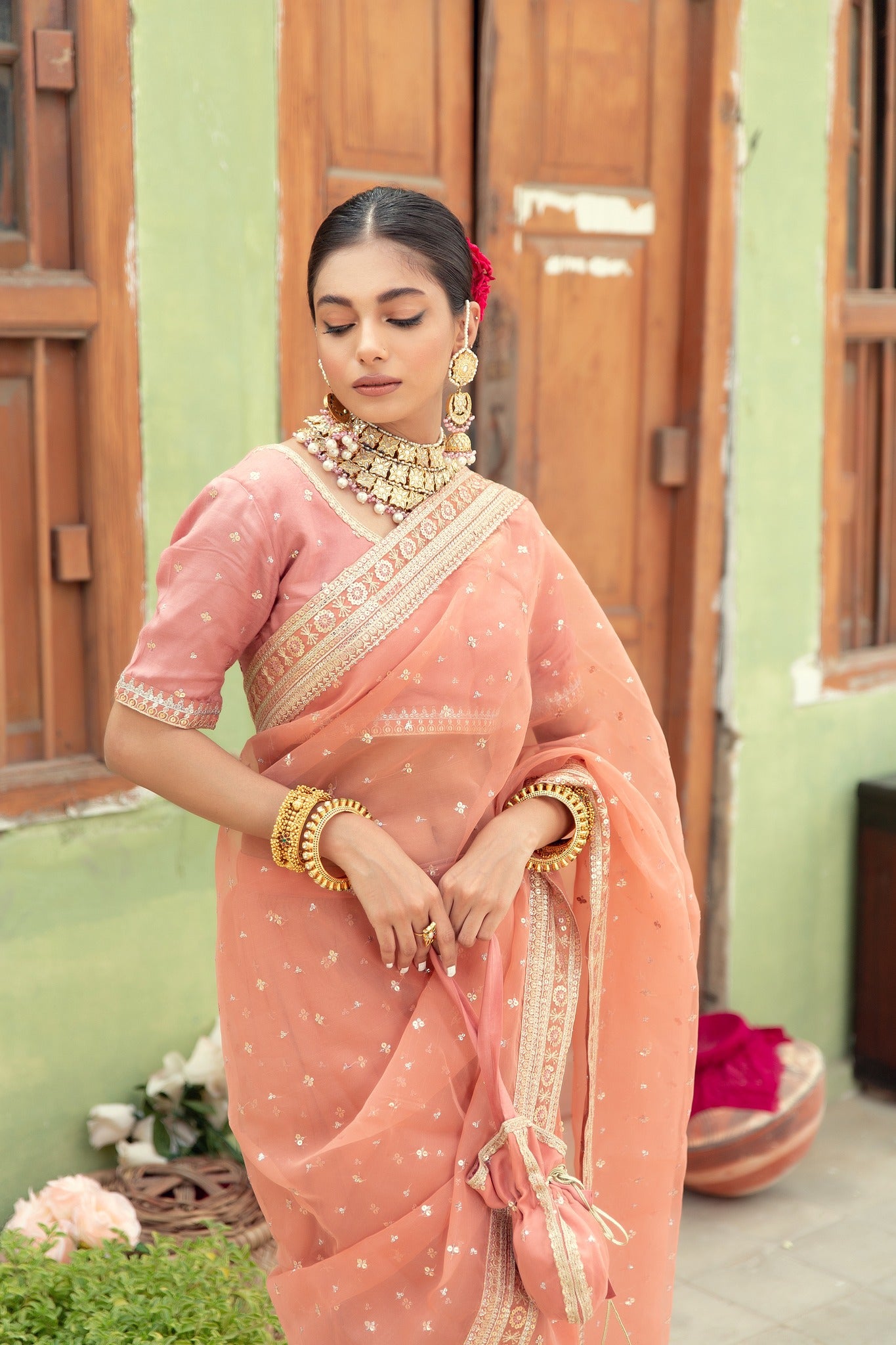Blush Pink Embroidered Organza Saree (3-Piece) - Image 6